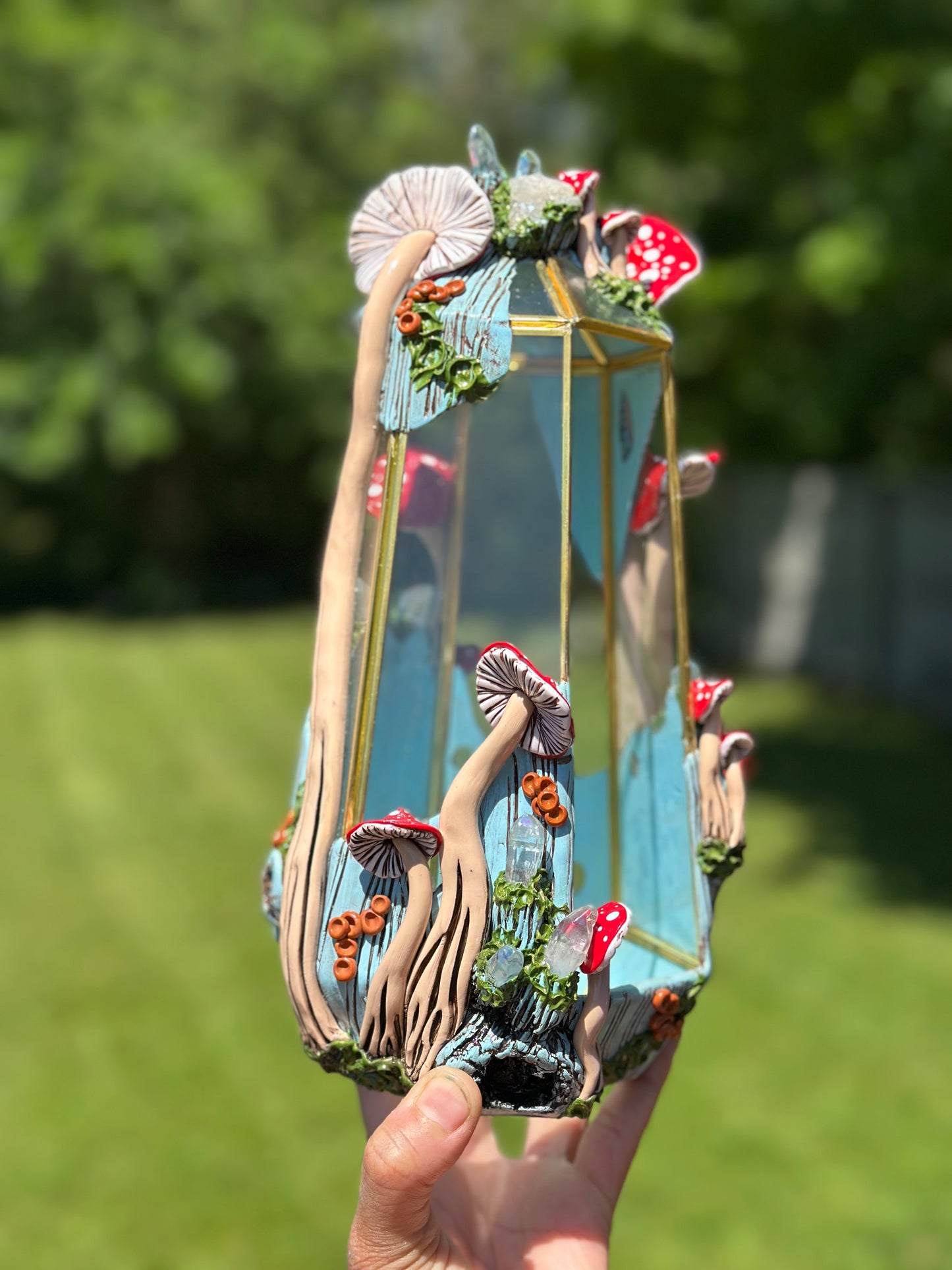 Terrarium | Skyblue Wood with Red Mushies Quartz + Quartz Clusters
