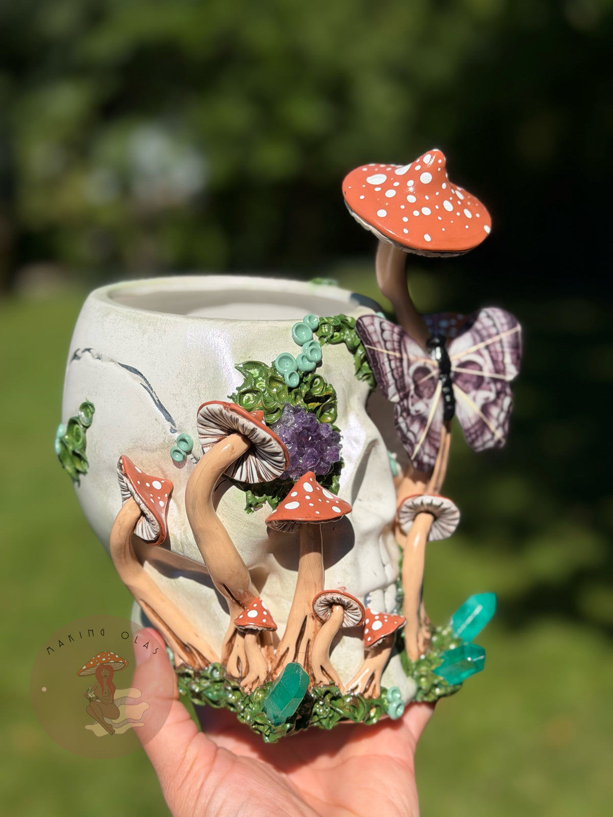 Skull Plant Pot | Burnt Orange Mushrooms with Amethyst + Quartz