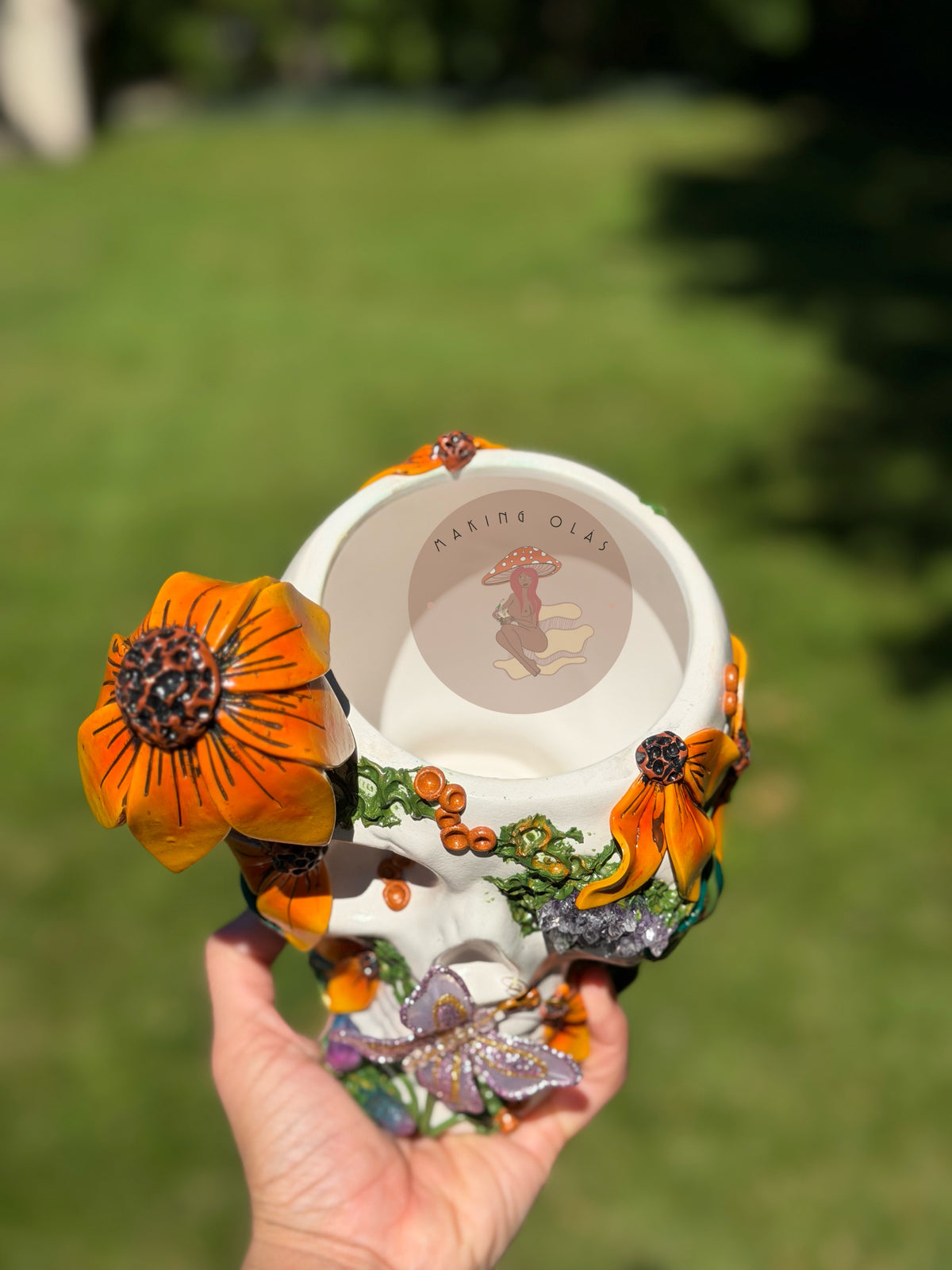Skull Plant Pot | Sunflowers with Amethyst + Quartz