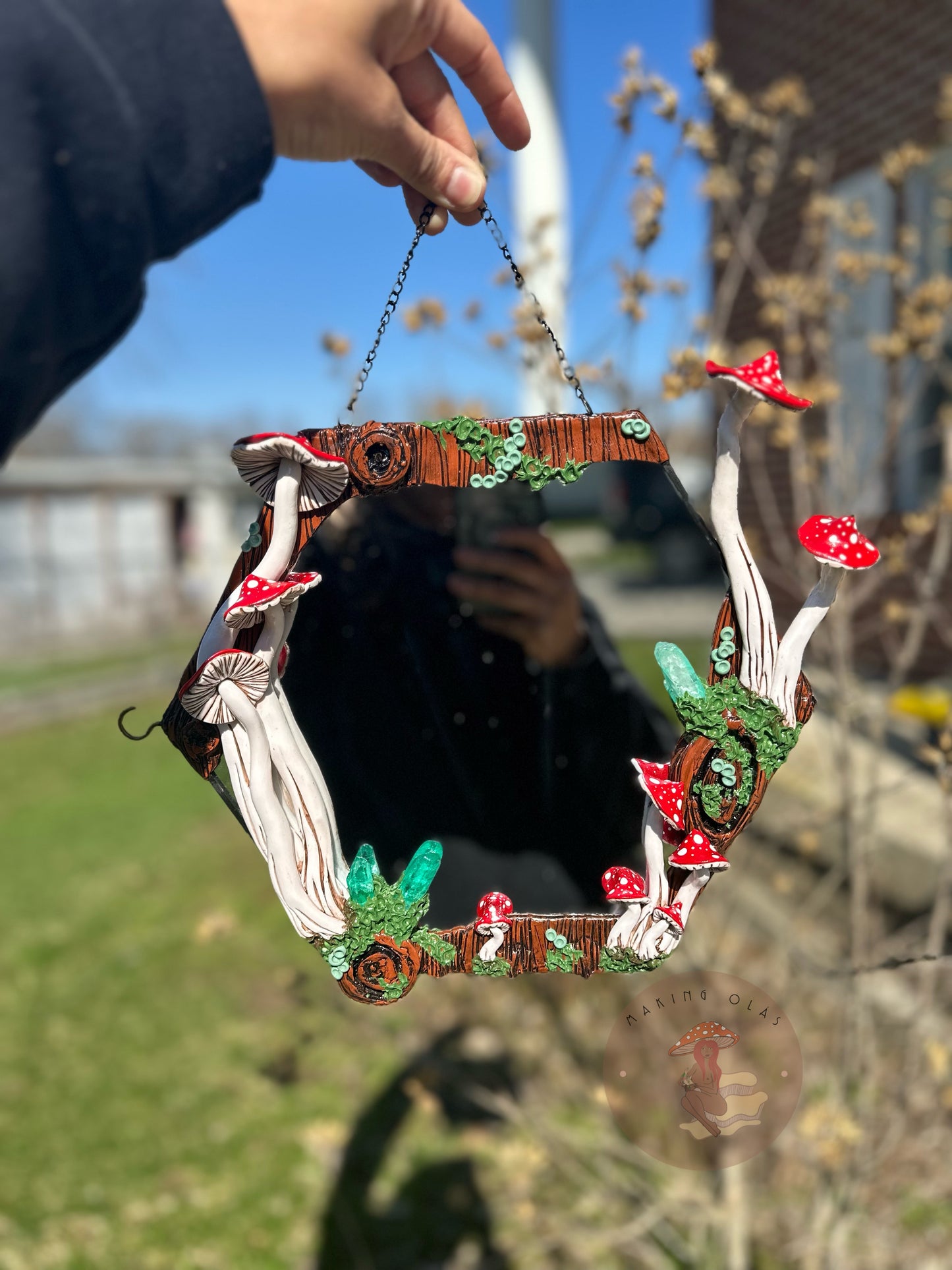 Hanging Mirror | Red Mushrooms + Green Quartz