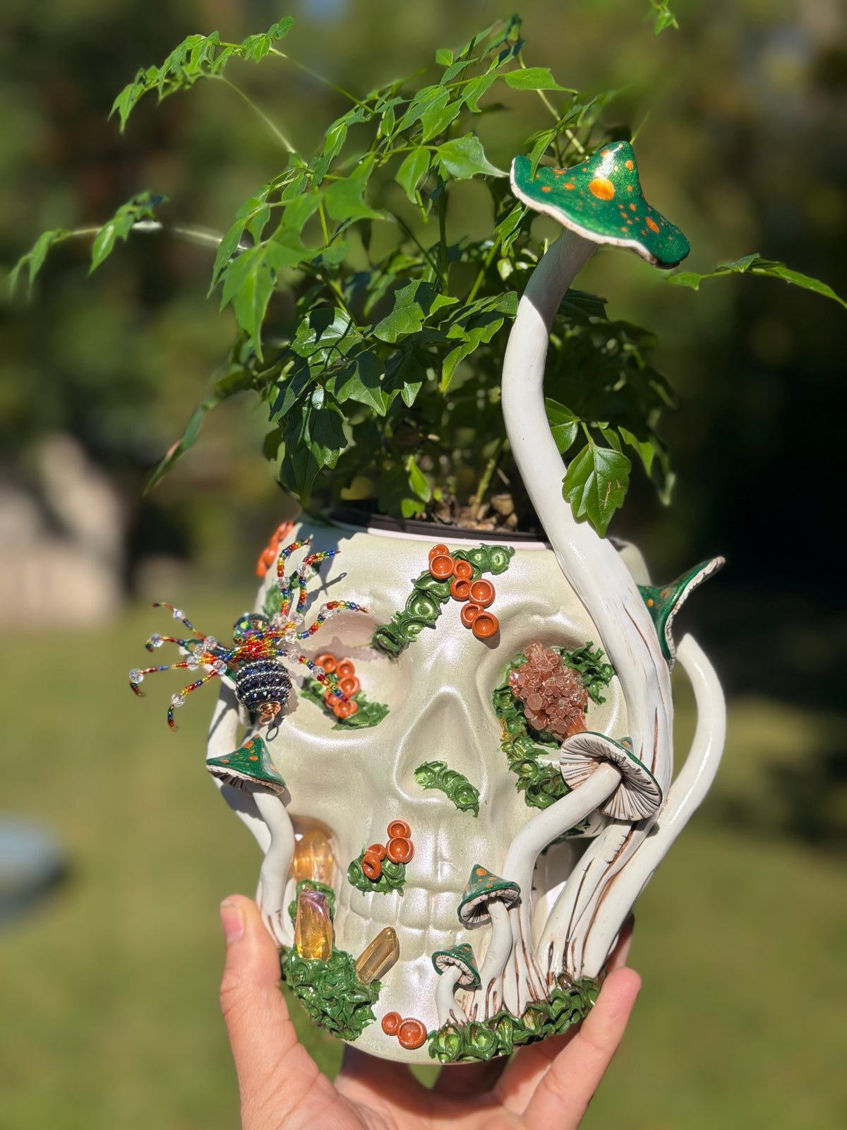 Skull Plant Pot Hanging | Green Mushrooms with Quartz + hand beaded spider