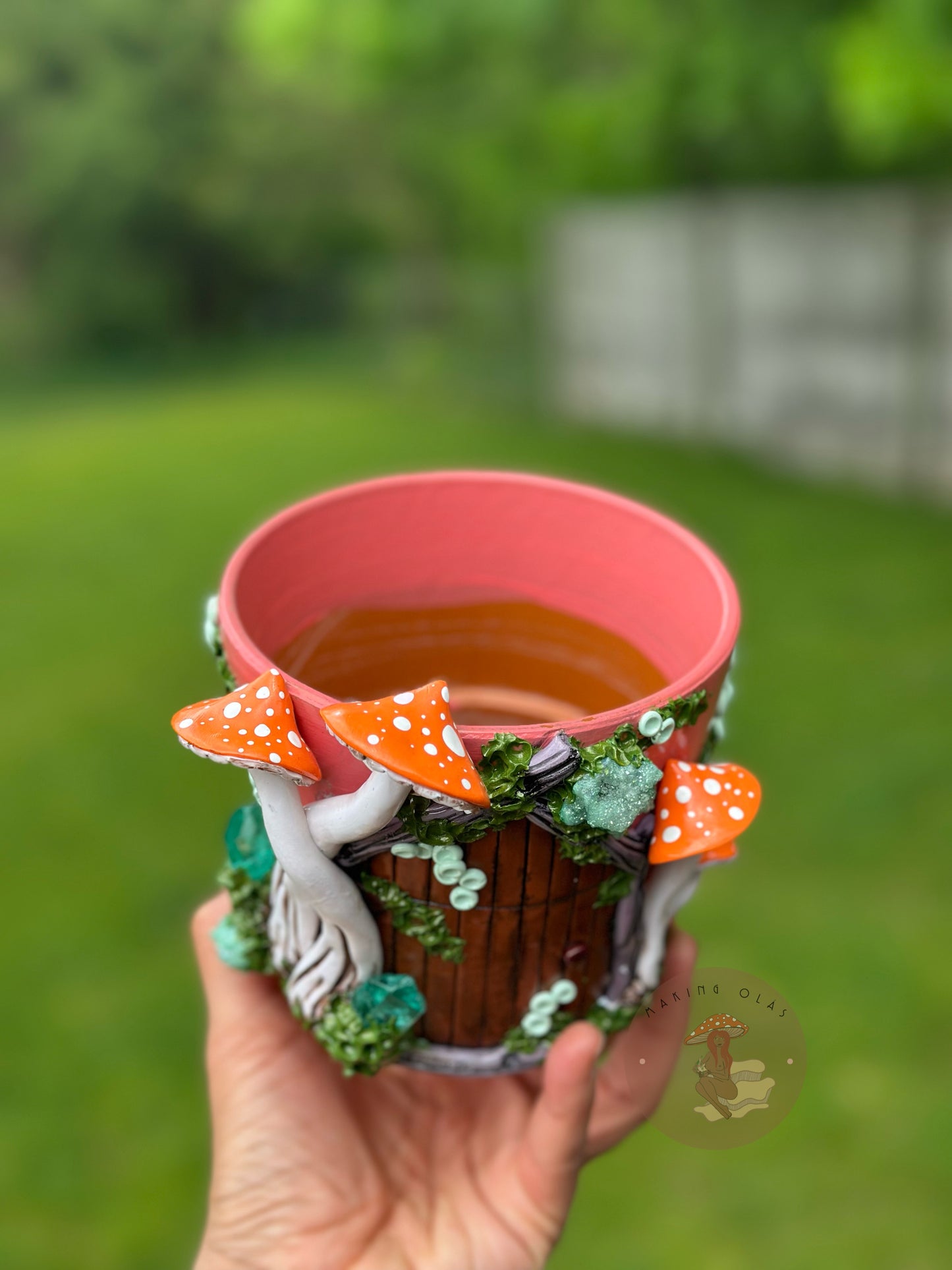 Plant Pot | 4” Tall Orange Mushrooms with Green Quartz + Quartz Clusters