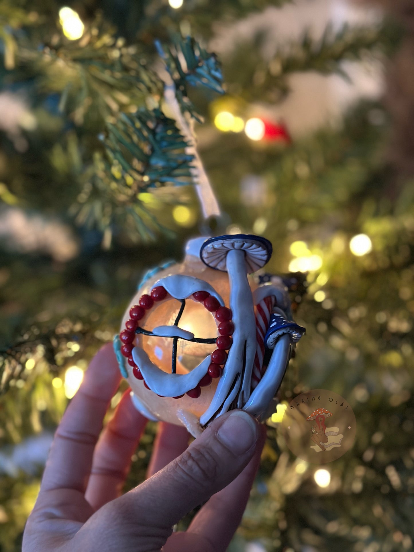Ornament | Snowball House with Green door + Blue Mushrooms
