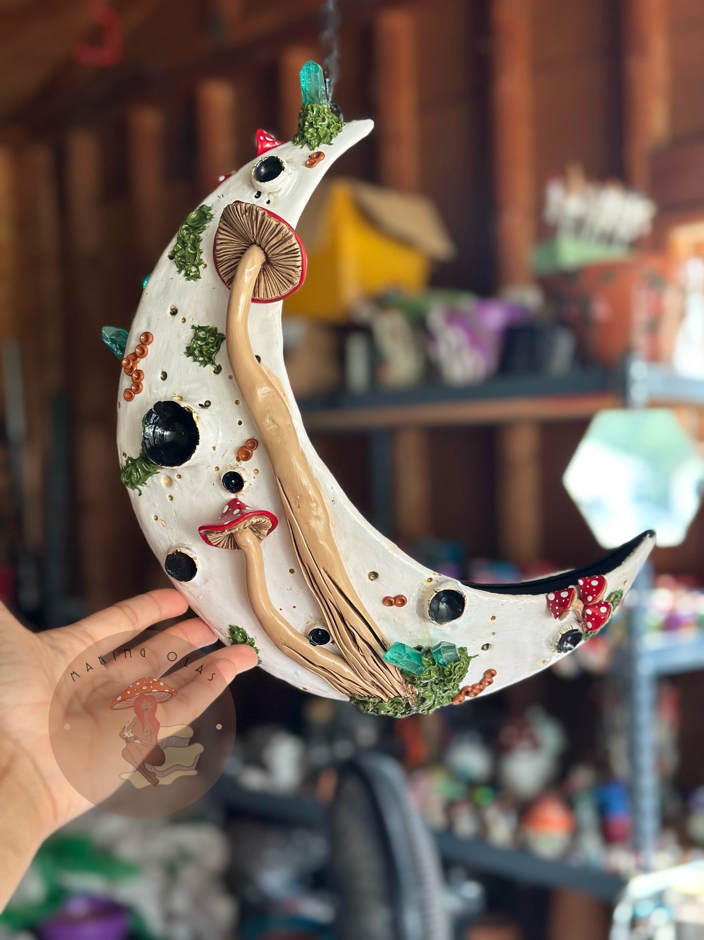 PREORDER| Hanging Moon Planter with Red Mushrooms + Quartz