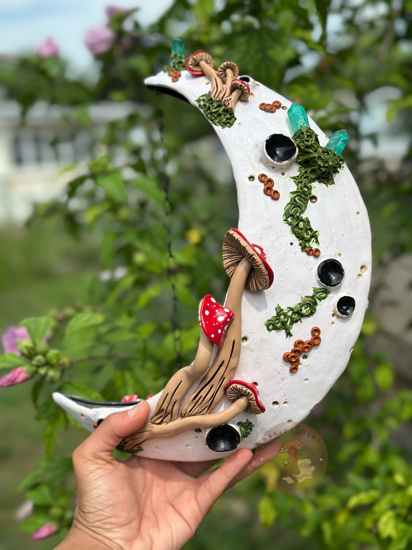 PREORDER| Hanging Moon Planter with Red Mushrooms + Quartz