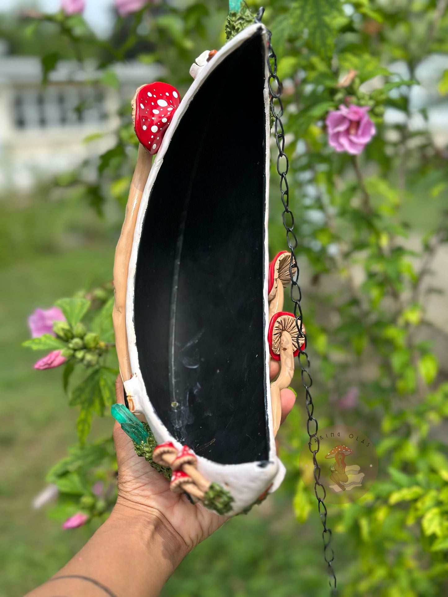PREORDER| Hanging Moon Planter with Red Mushrooms + Quartz