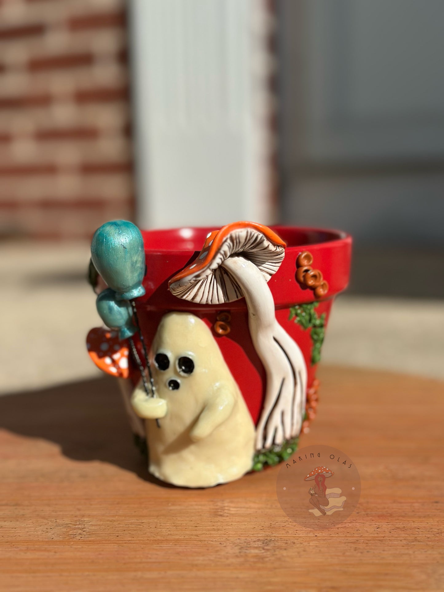 Plant Pot | Ghost with Balloons + Orange Mushrooms 4” tall
