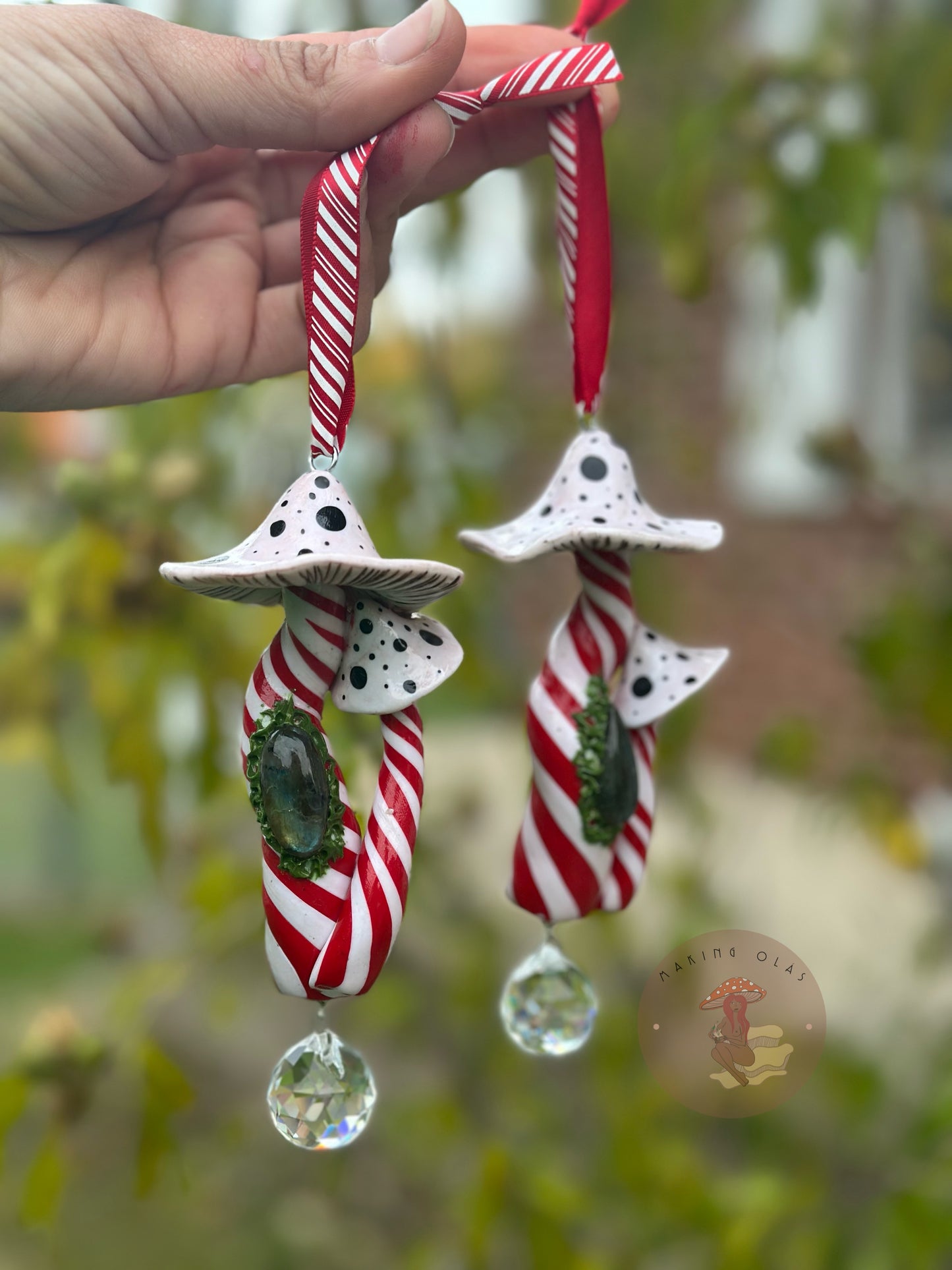 Ornament | Candy Cane Mushrooms with Labradorite + a suncatcher
