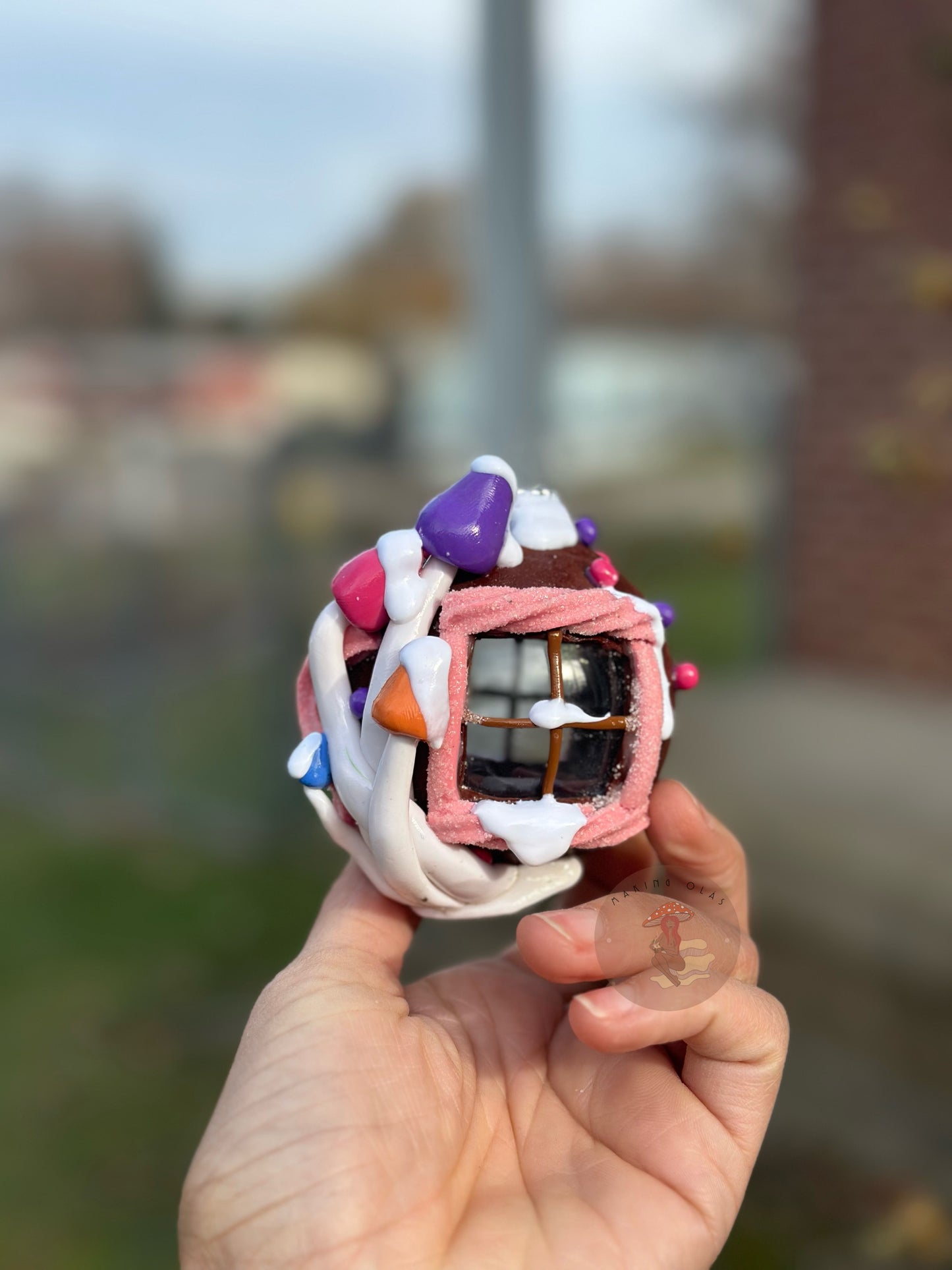 Ornament | Gingerbread House with Sugar Door + Frosted Gumdrop mushrooms
