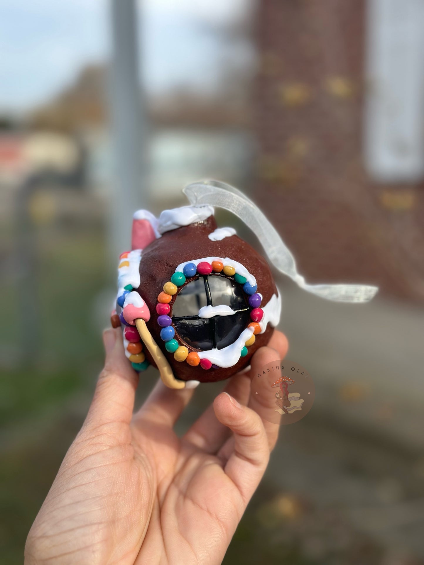 Ornament | Icing Gingerbread House with Purple Door + Pink frosted Gumdrop mushrooms