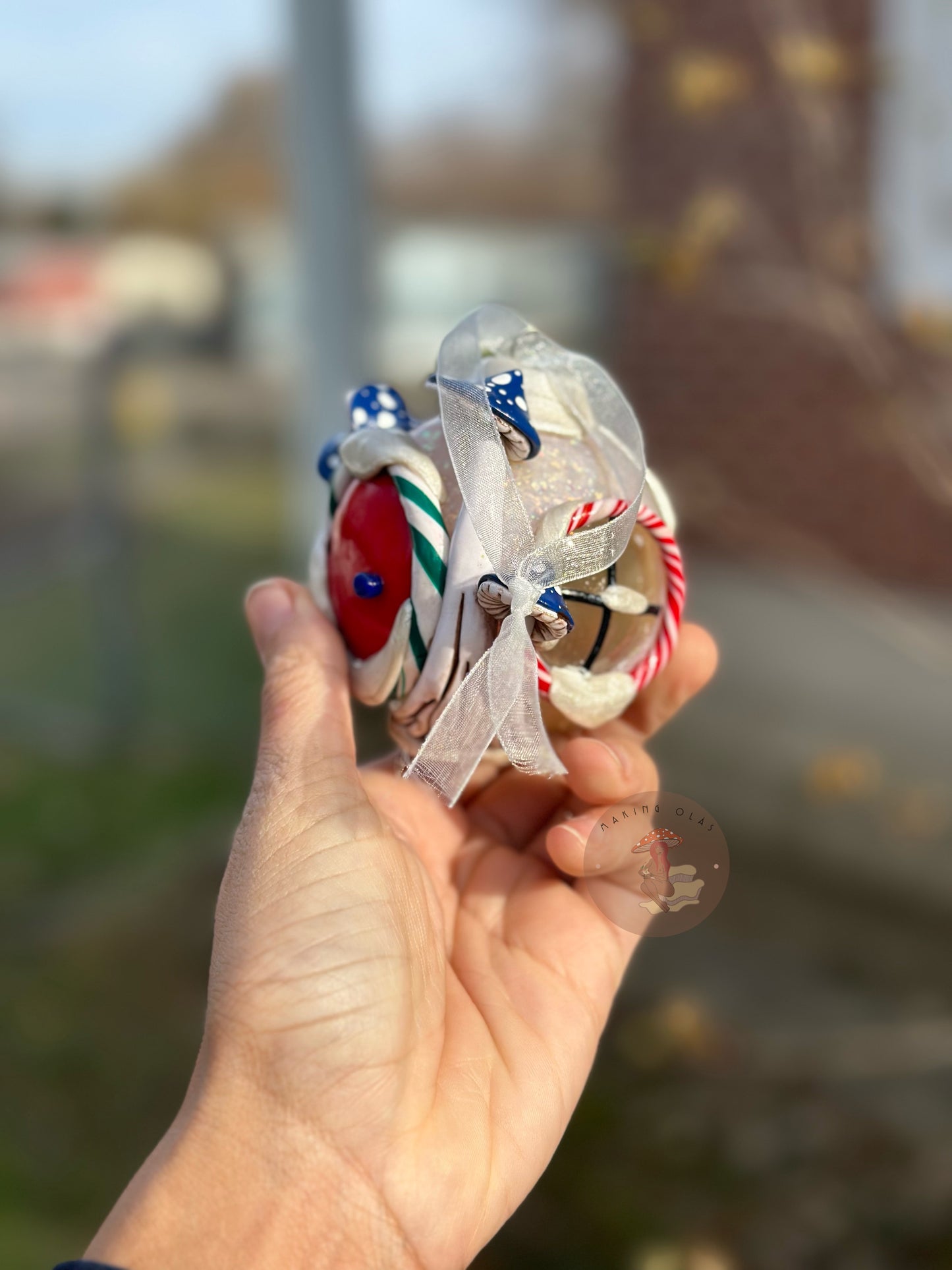 Ornament | Red Door on a Snowball with Blue Mushrooms