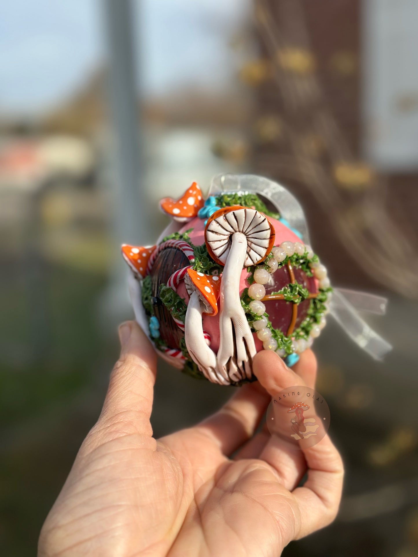 Ornament | Brown Moon Door with Orange Mushrooms