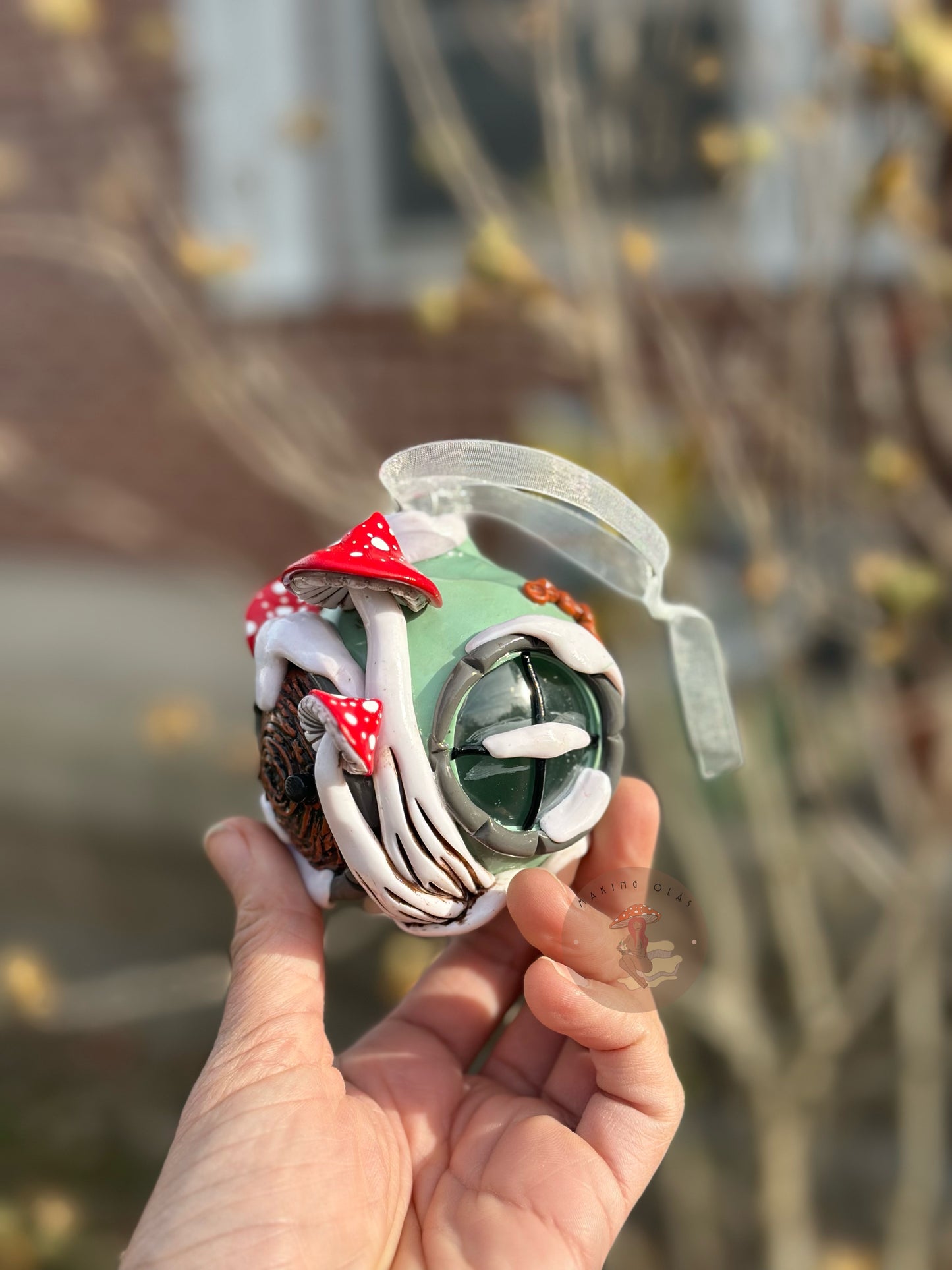 Ornament | Brown Snowy Door with Red Mushies