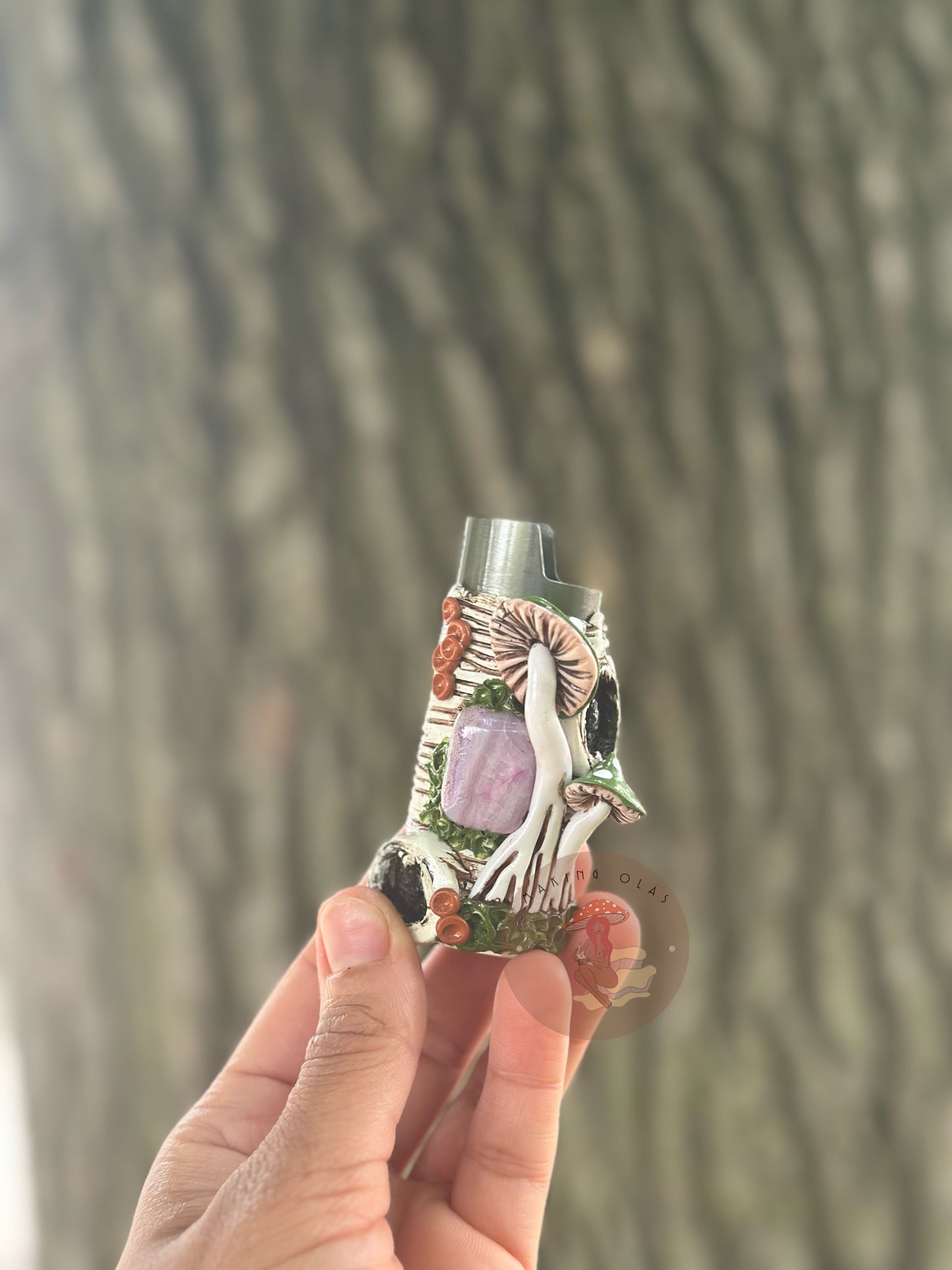 Lighter Cover | Green Mushrooms on White Wood + Purple Ocean Agate