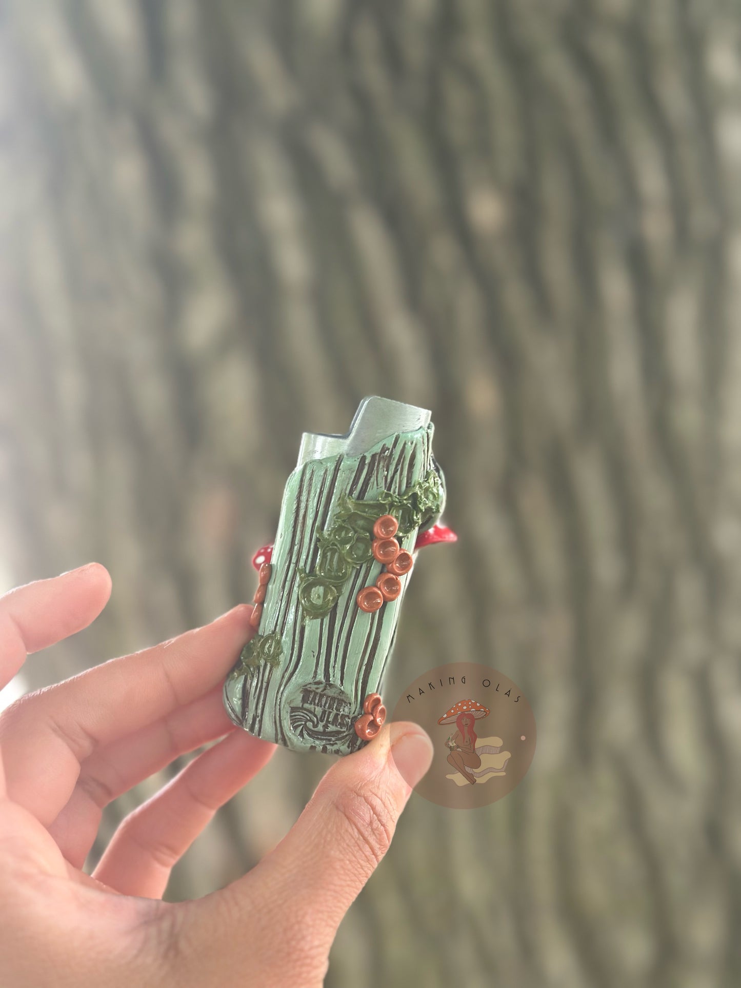 Lighter Cover | Red Mushrooms on Sage Wood + Quartz