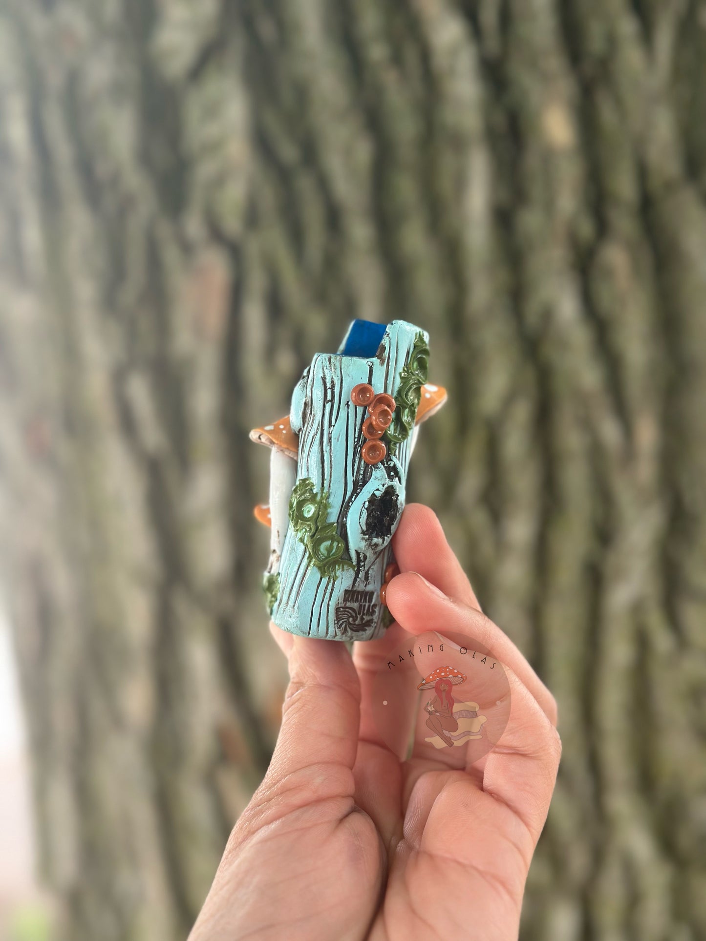 Lighter Cover | Peach Mushrooms on Blue Wood + Quartz