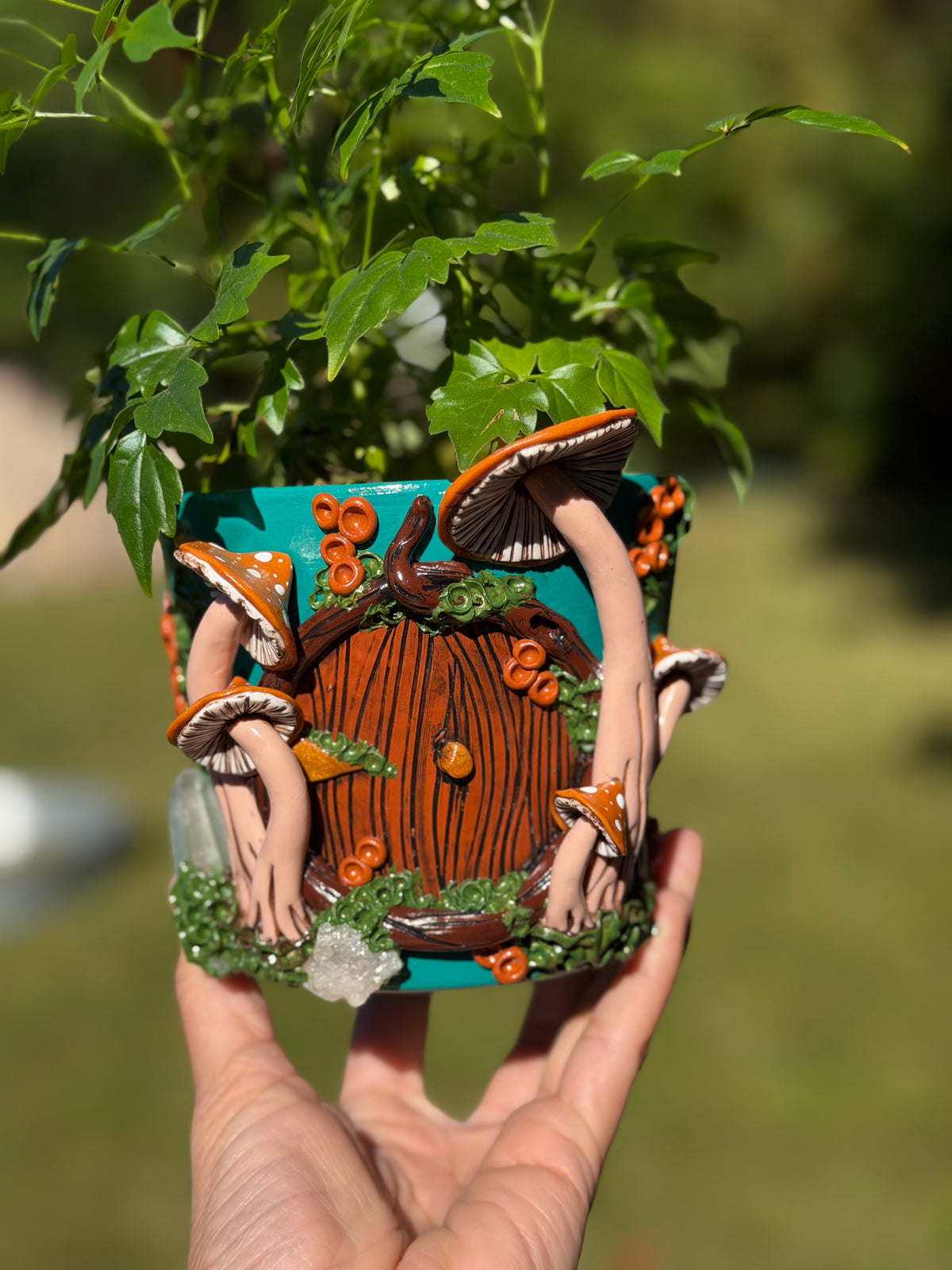 Plant Pot | Orange Mushrooms + Quartz Fairy House Door