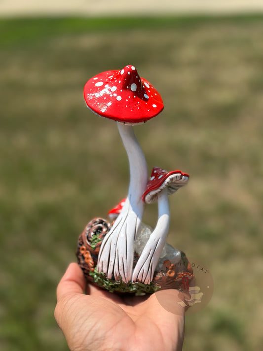 Quartz Cluster with Red Mushrooms Sculpture