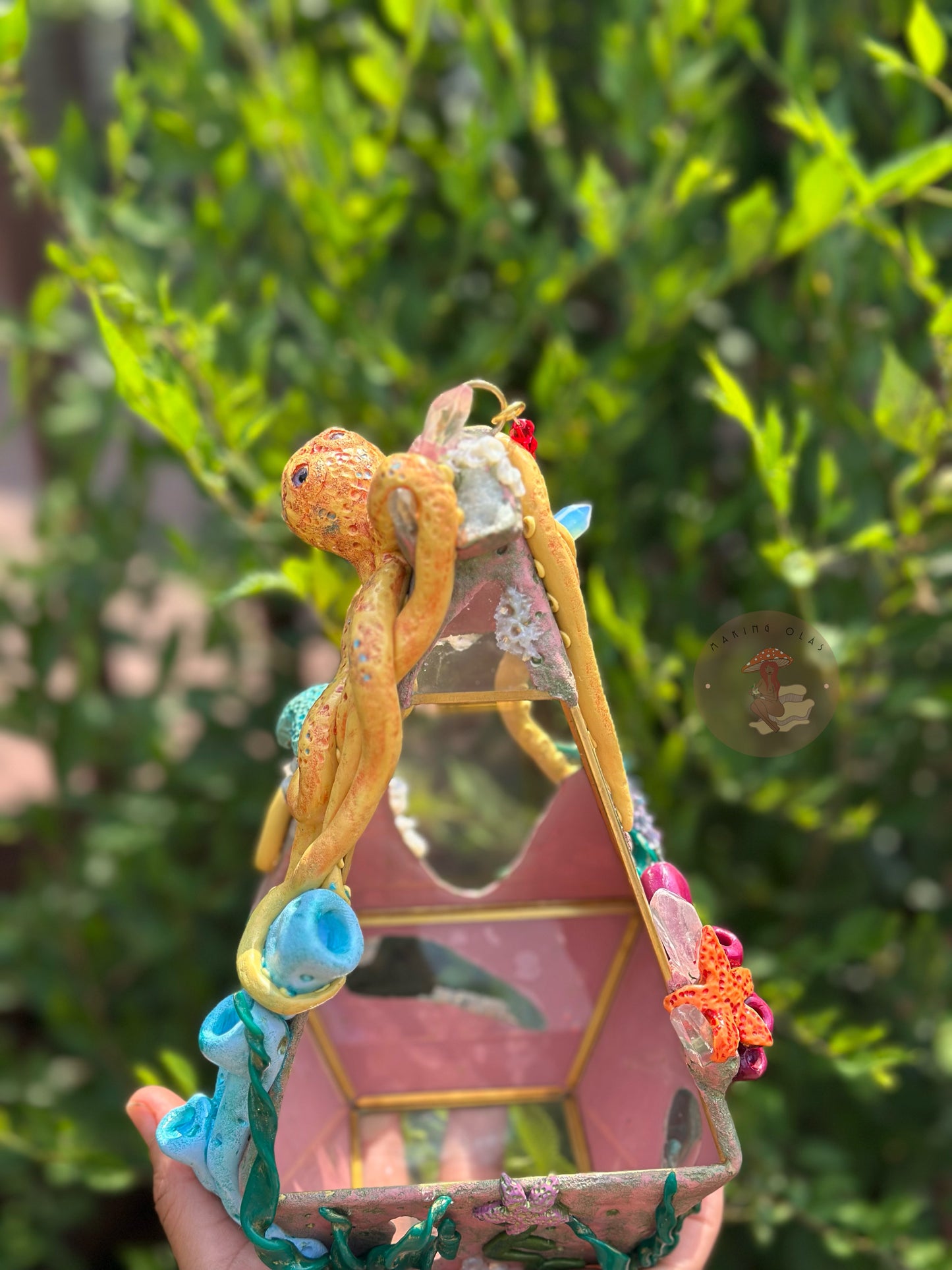Hanging Terrarium | Yellow Octopus Ocean Floor with Quartz, Clusters and Opalite
