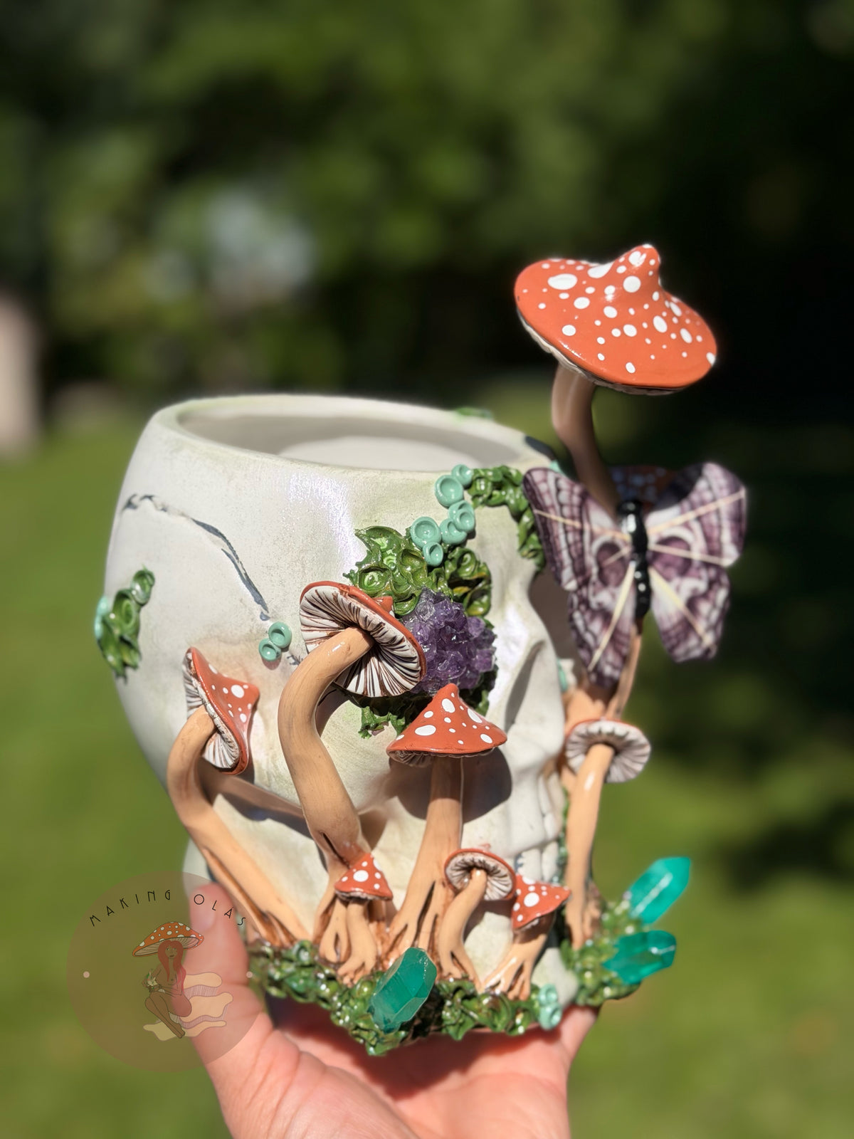 Skull Plant Pot | Burnt Orange Mushrooms with Amethyst + Quartz