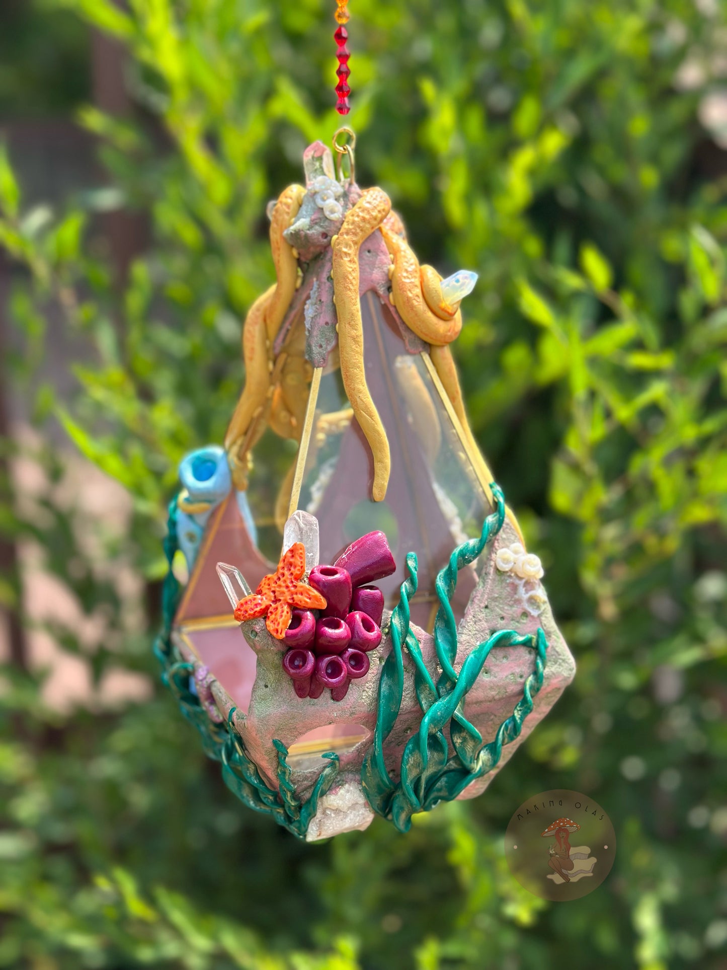 Hanging Terrarium | Yellow Octopus Ocean Floor with Quartz, Clusters and Opalite