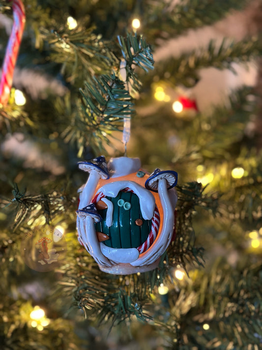 Ornament | Snowball House with Green door + Blue Mushrooms