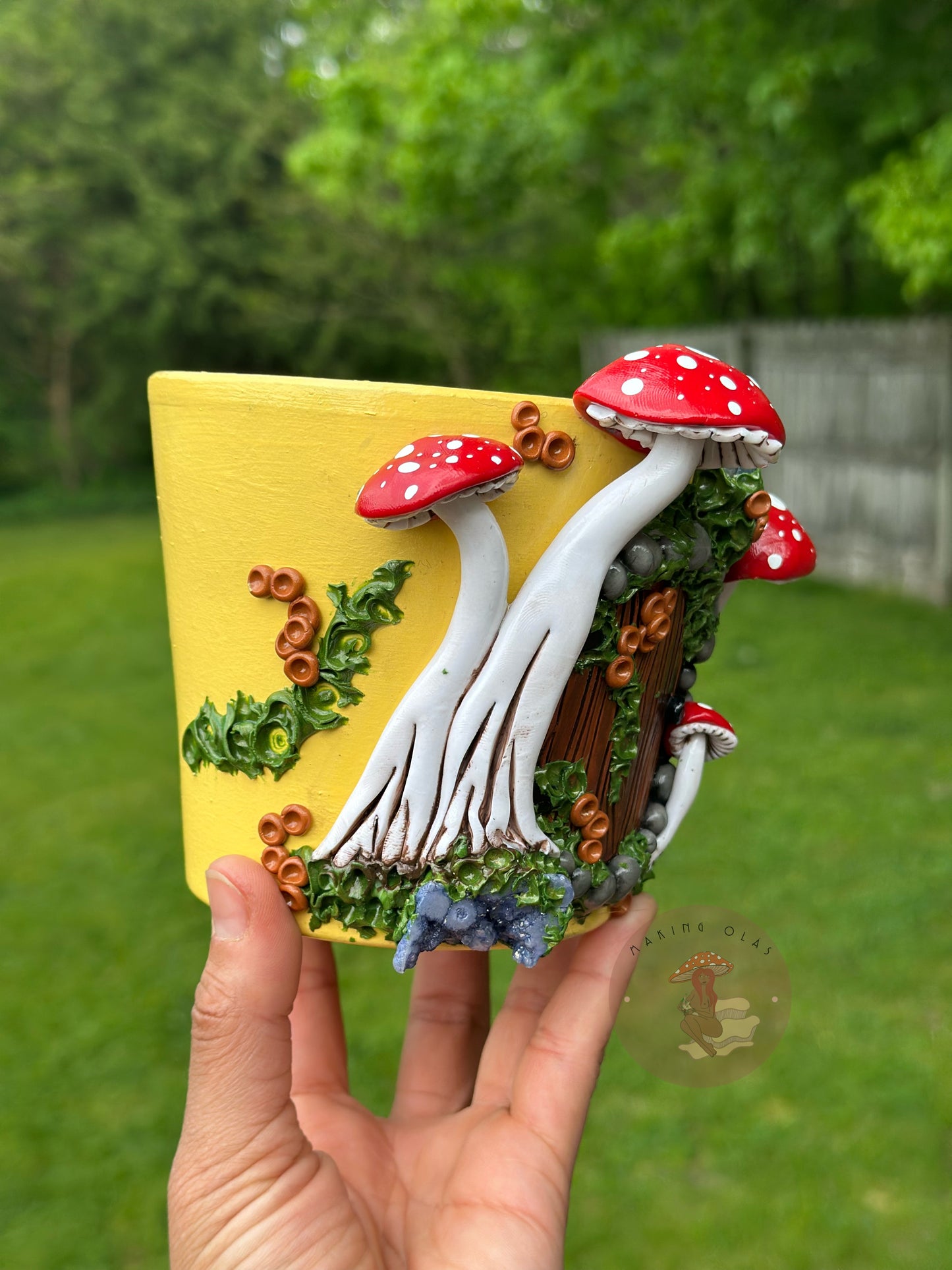 Plant Pot | 4” Tall Red Mushrooms with Quartz + Quartz Cluster