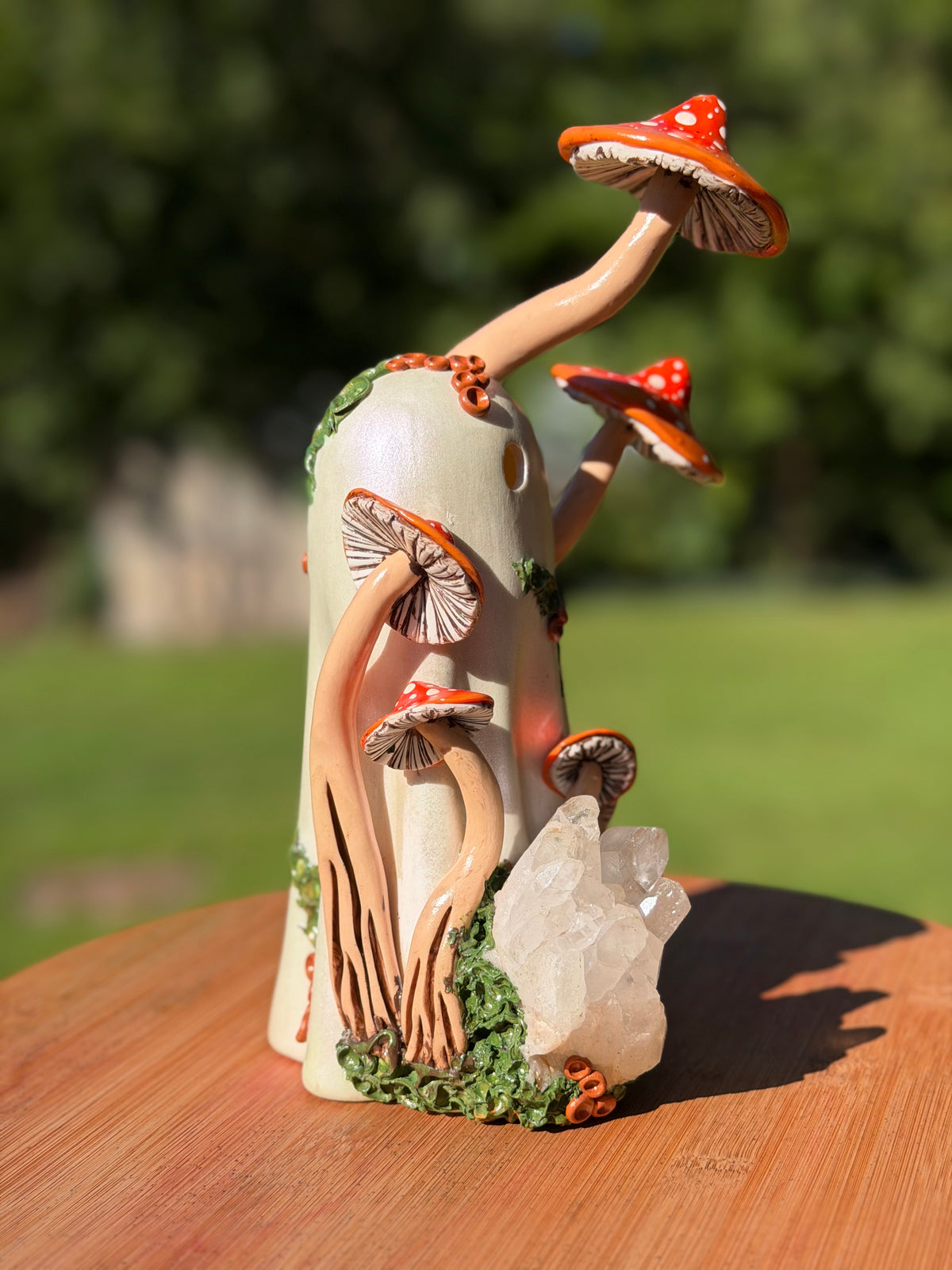 Ghost with Red|Orange Mushrooms and Quartz Cluster