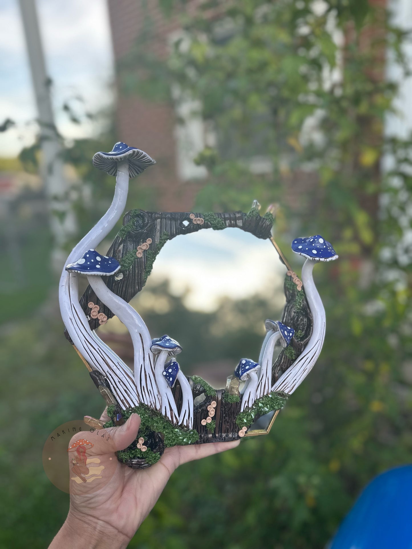 Hanging Mirror | Blue Mushrooms and Quartz