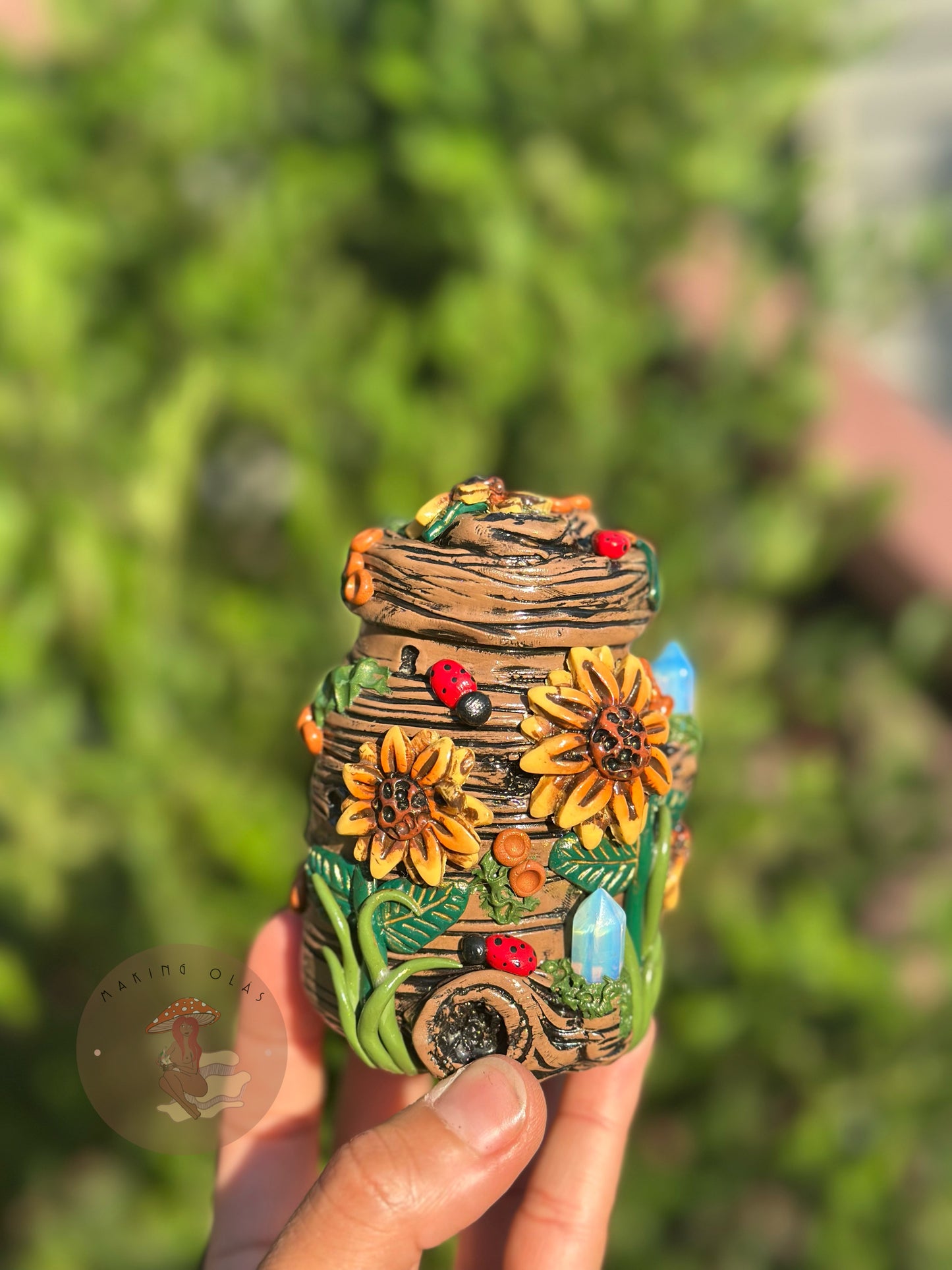 Jar+ Ashtray Set | Opalites and Ladybugs with Quartz Clusters + Sunflowers