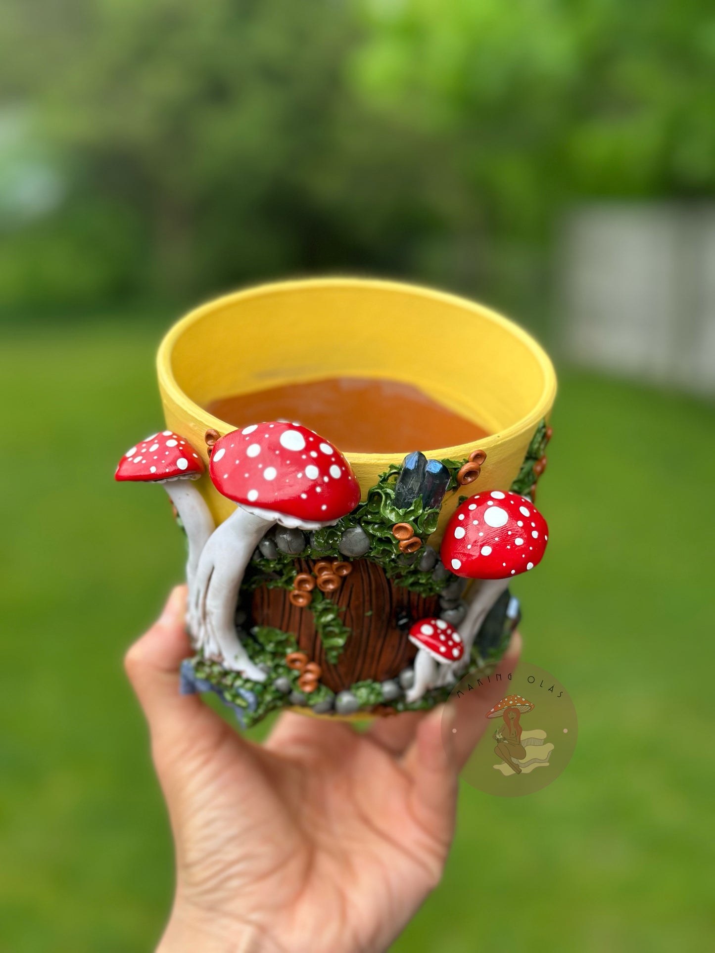 Plant Pot | 4” Tall Red Mushrooms with Quartz + Quartz Cluster
