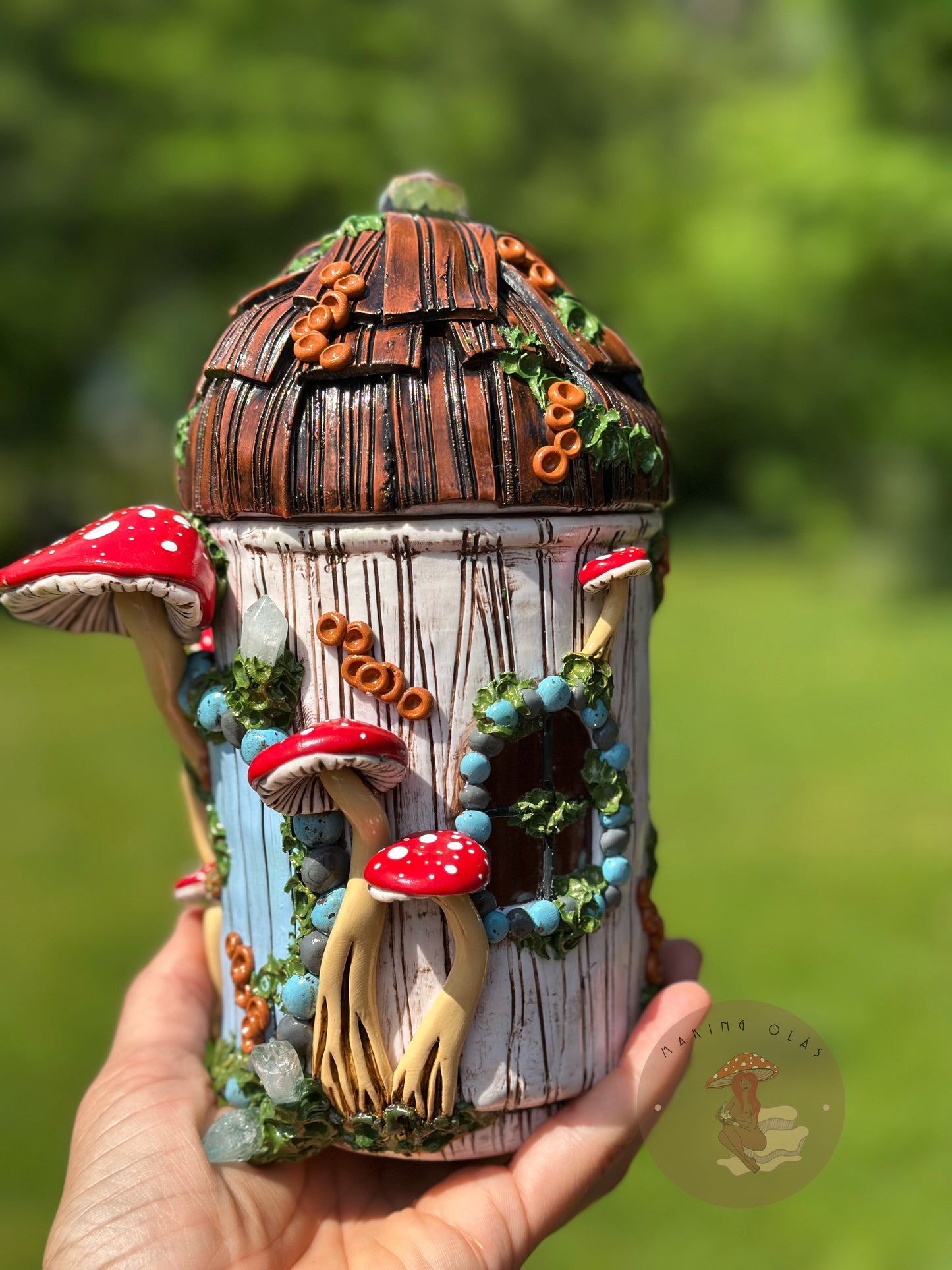 Jar | Sky Blue Door with Red Mushrooms Canopy and Thatch Roof lid