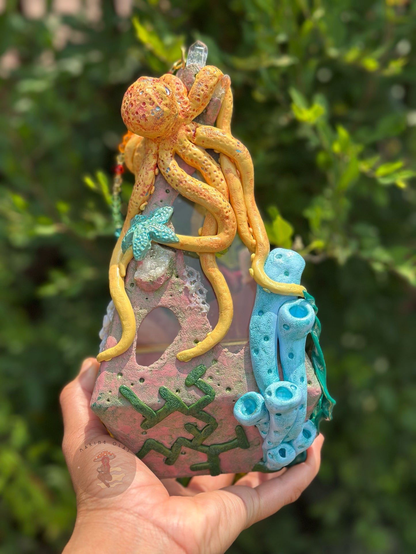 Hanging Terrarium | Yellow Octopus Ocean Floor with Quartz, Clusters and Opalite
