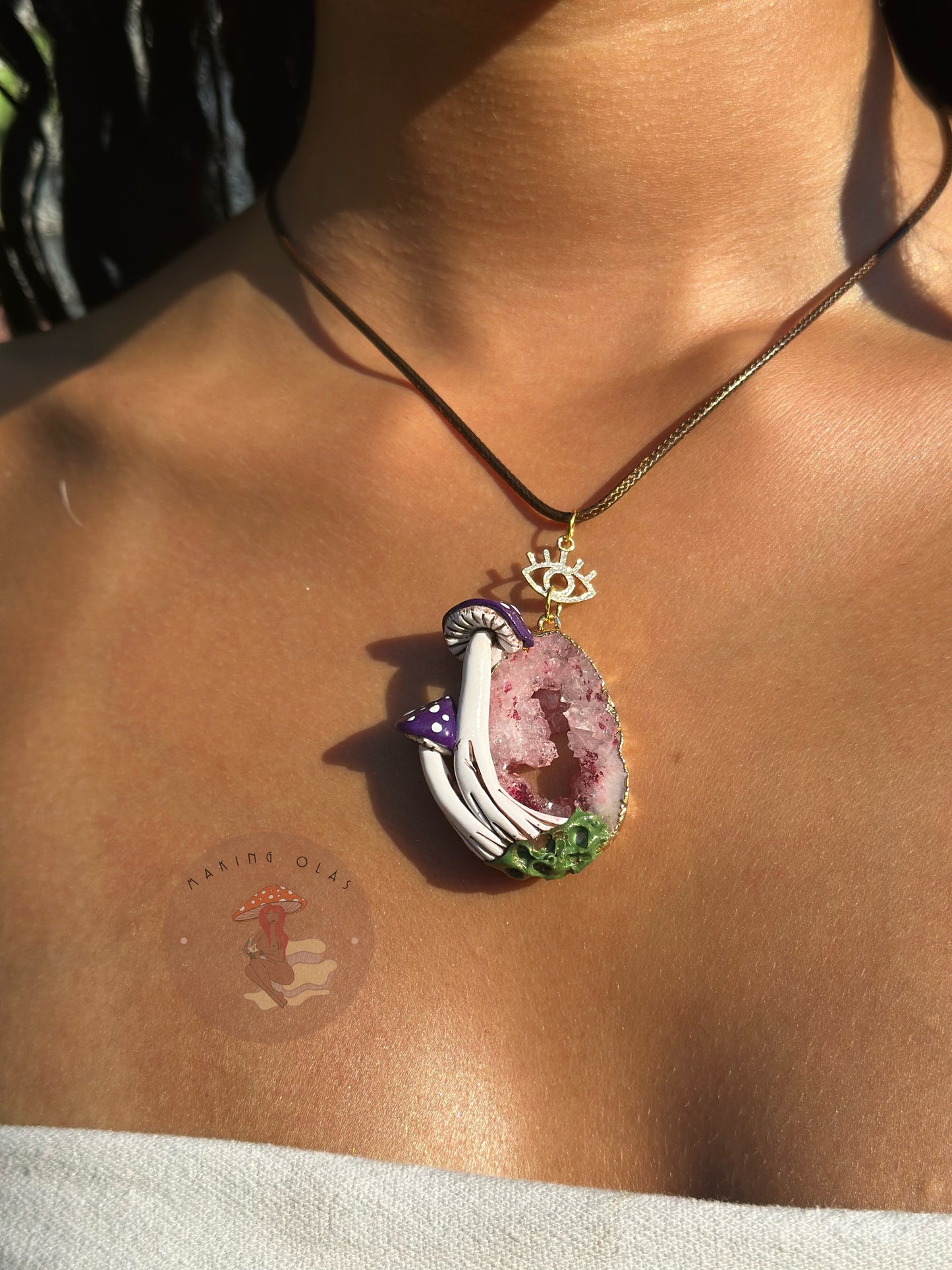 Necklace | Light Pink Quartz Cluster with Purple Mushrooms