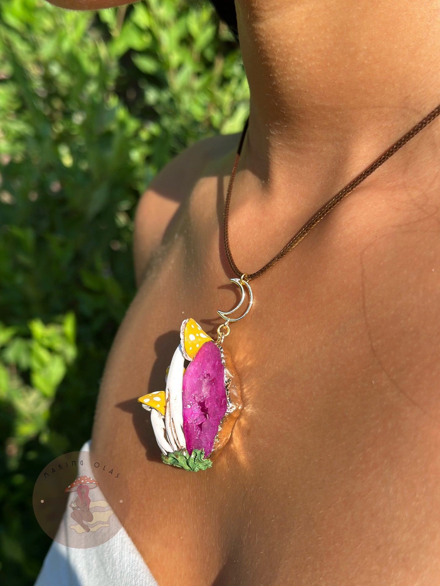 Necklace | Hot Pink Quartz Cluster with Yellow Mushrooms