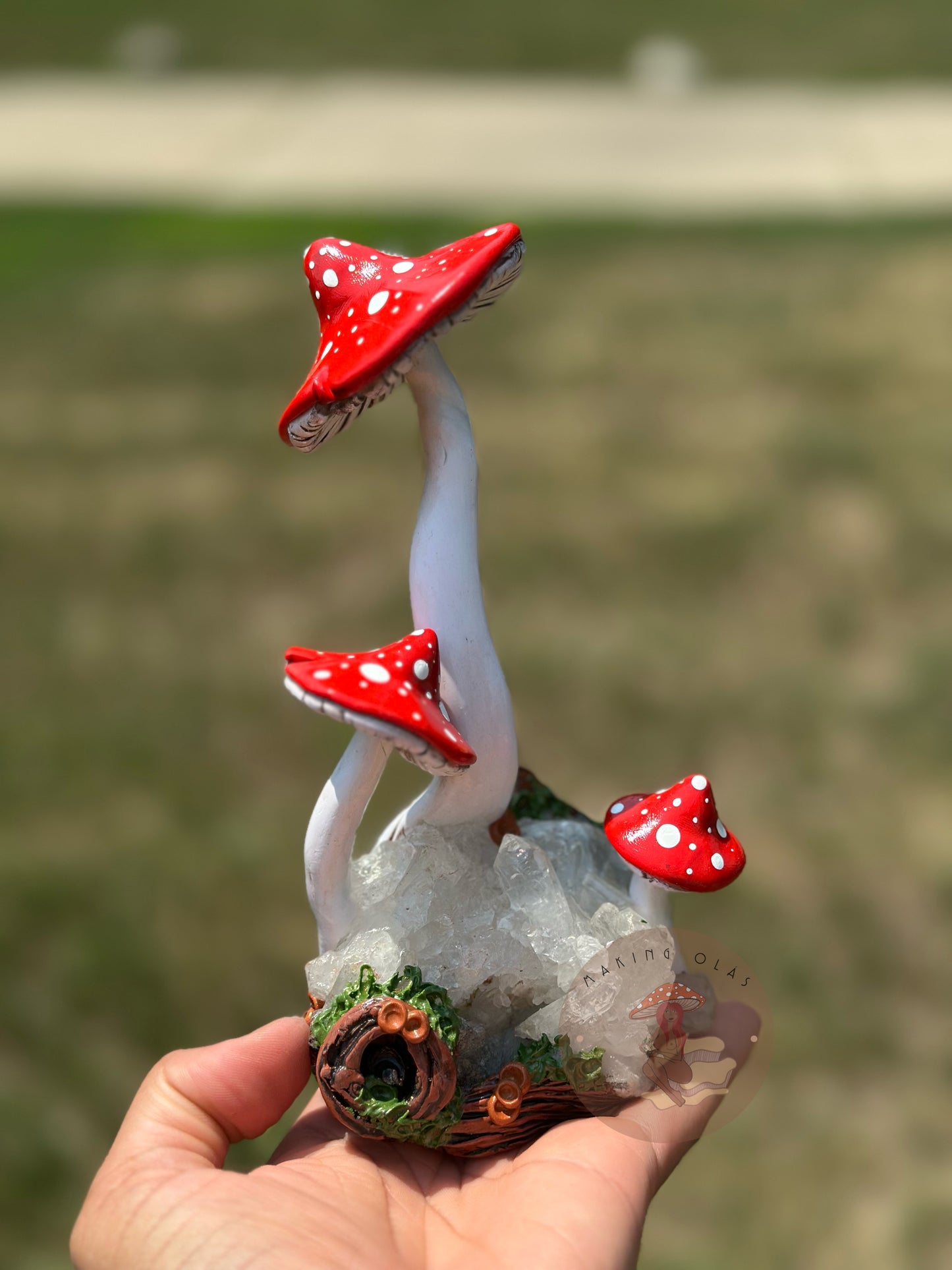 Quartz Cluster with Red Mushrooms Sculpture