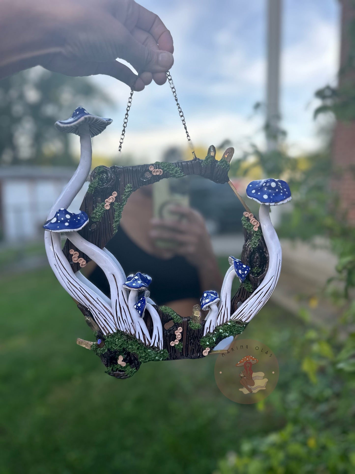 Hanging Mirror | Blue Mushrooms and Quartz