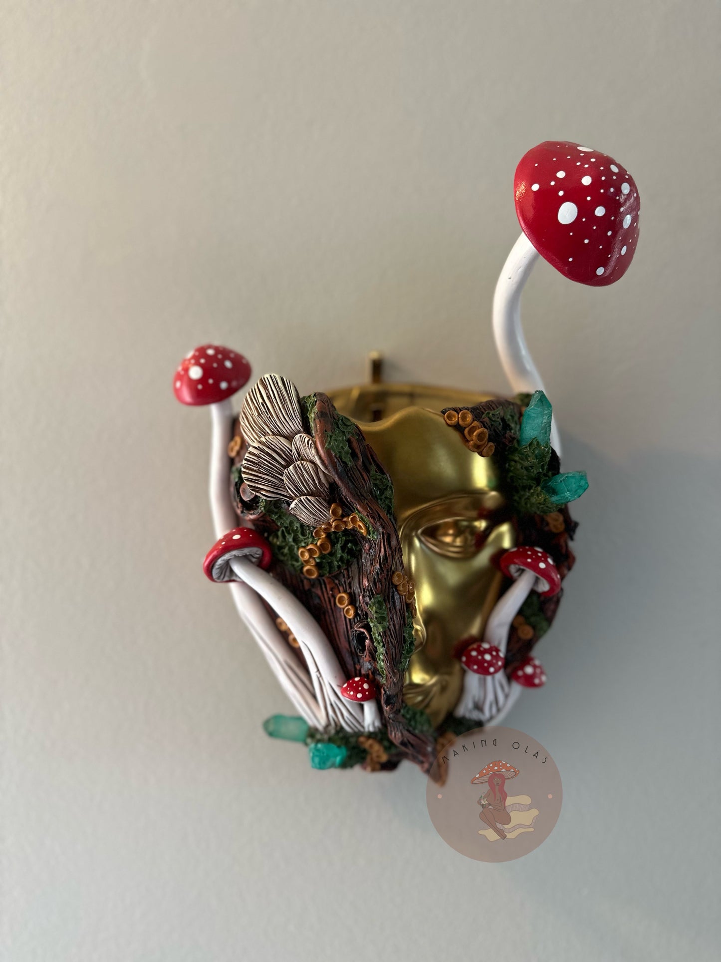 Hanging Wall Planter | Golden face Red Mushrooms Goddess with Quartz