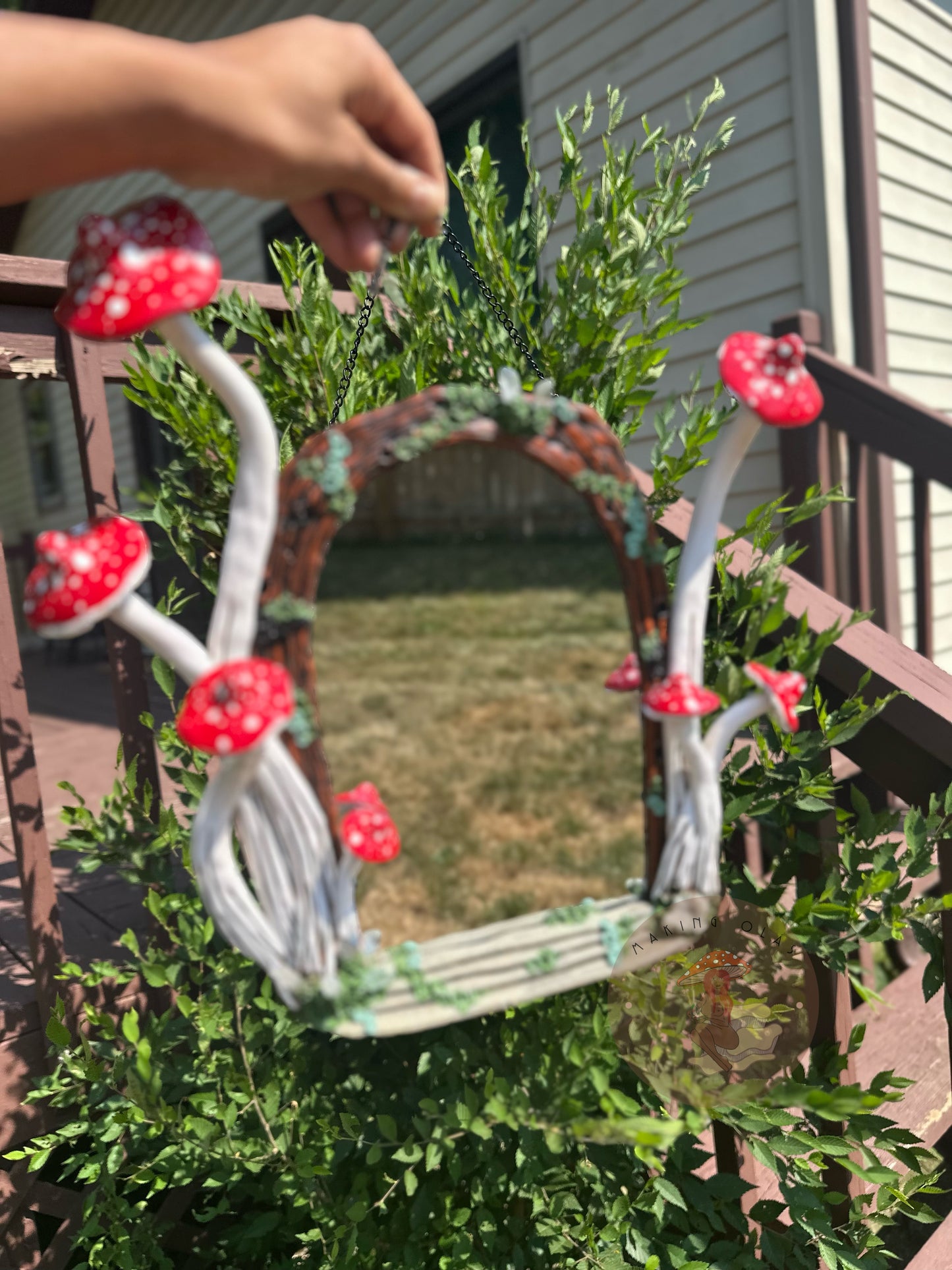 Door Hanging Mirror | Red Mushrooms + Quartz Garden Portal with jewelry hooks