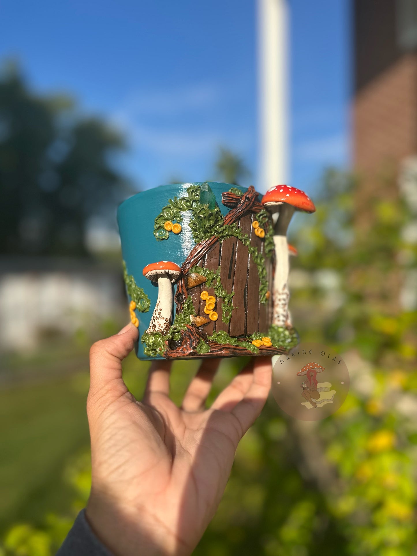 Plant Pot | 4” tall Fairy House with Orange Mushies + Quartz