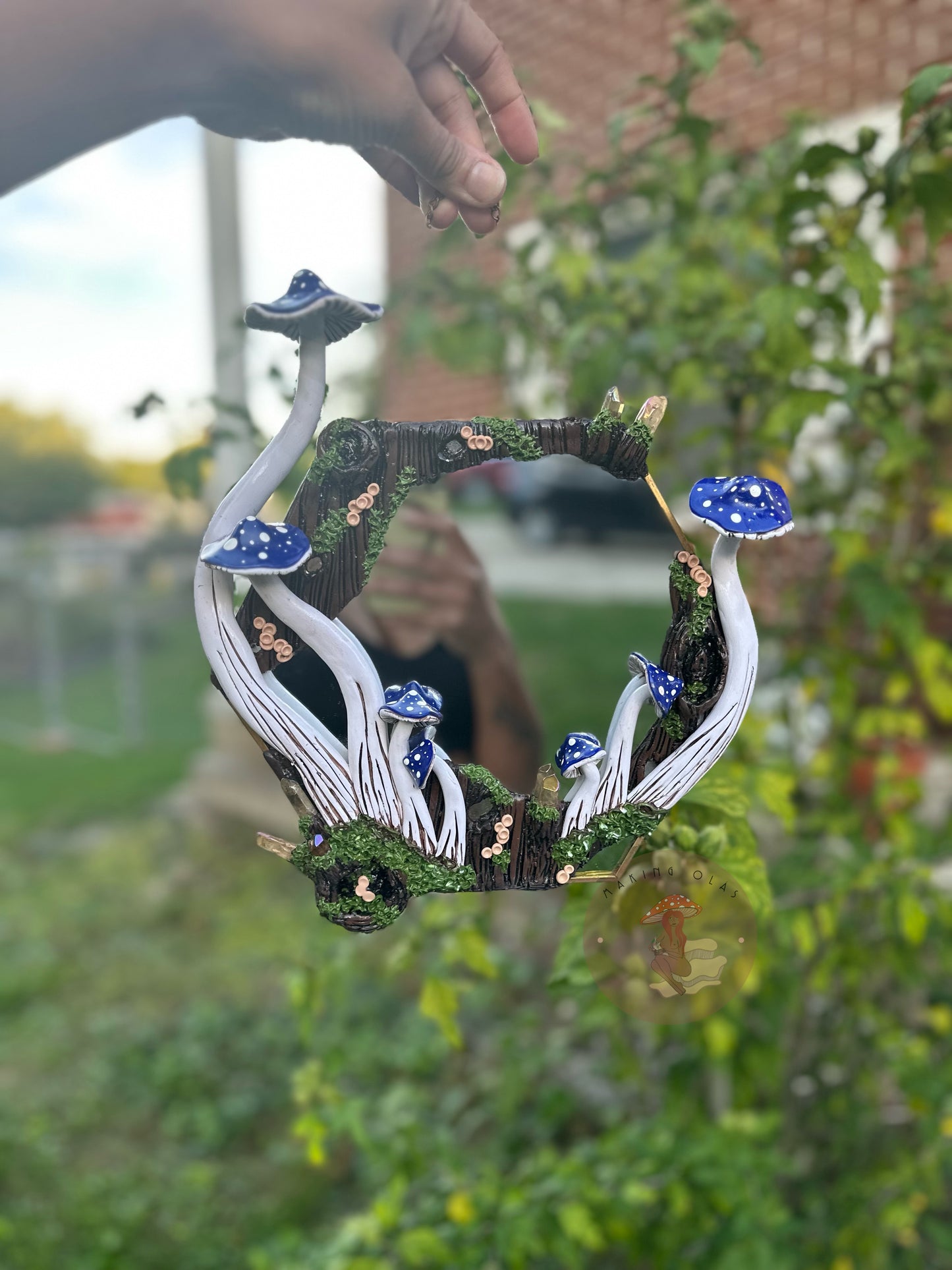 Hanging Mirror | Blue Mushrooms and Quartz