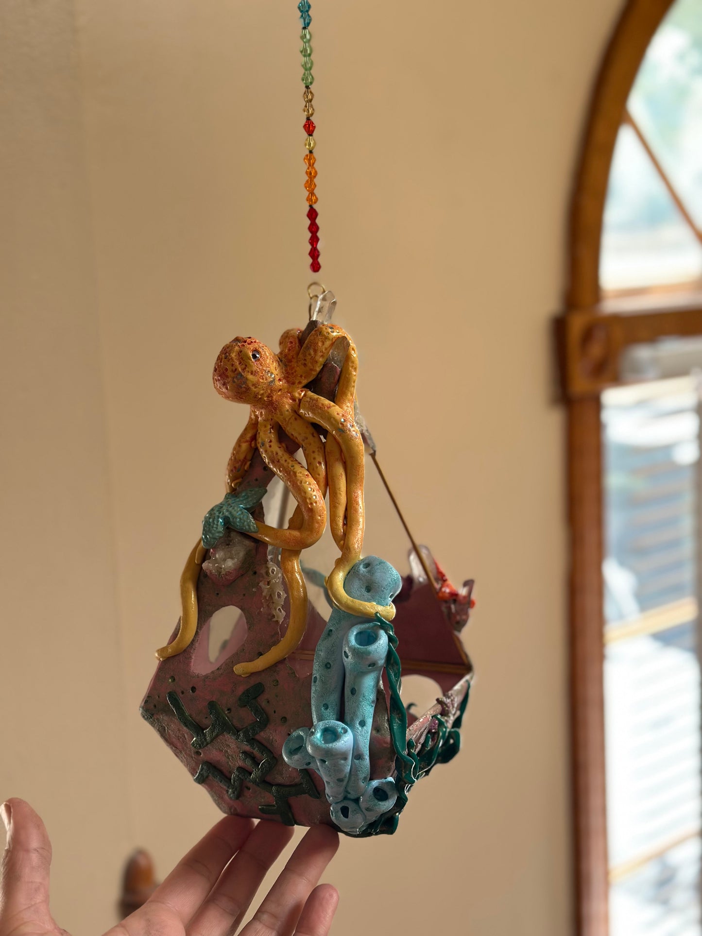 Hanging Terrarium | Yellow Octopus Ocean Floor with Quartz, Clusters and Opalite