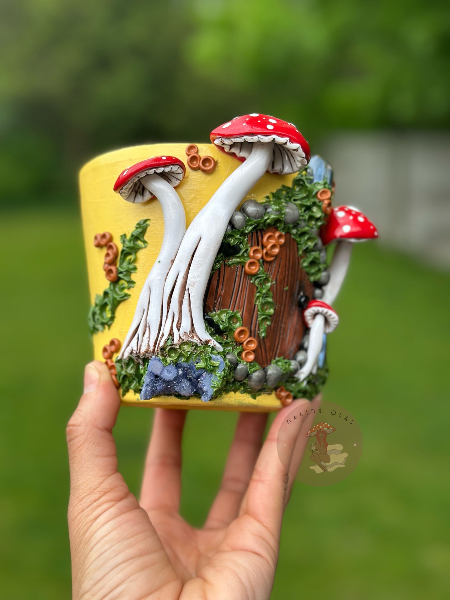 Plant Pot | 4” Tall Red Mushrooms with Quartz + Quartz Cluster