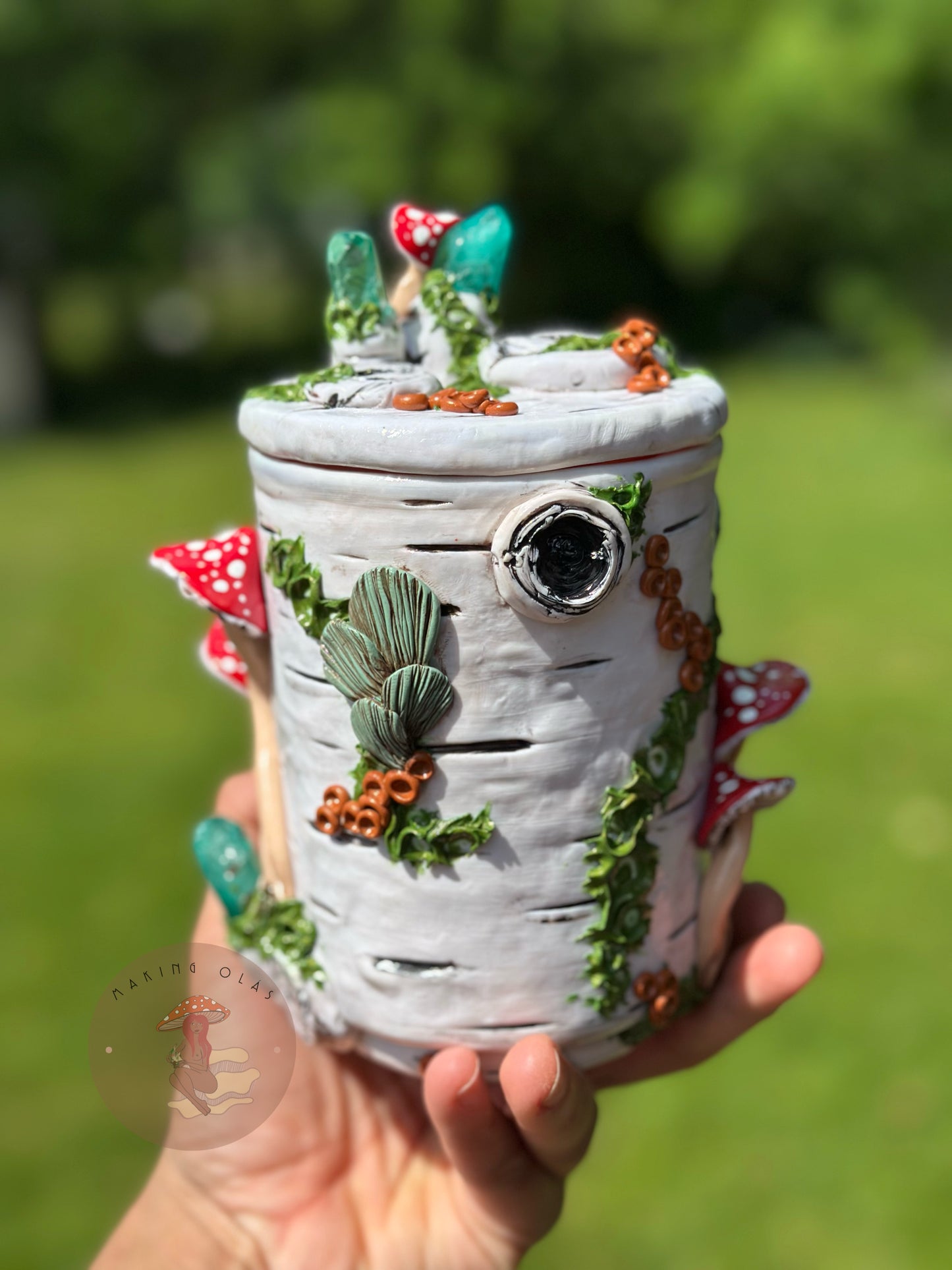 Jar | Red Mushrooms on Birch Wood with Green Quartz