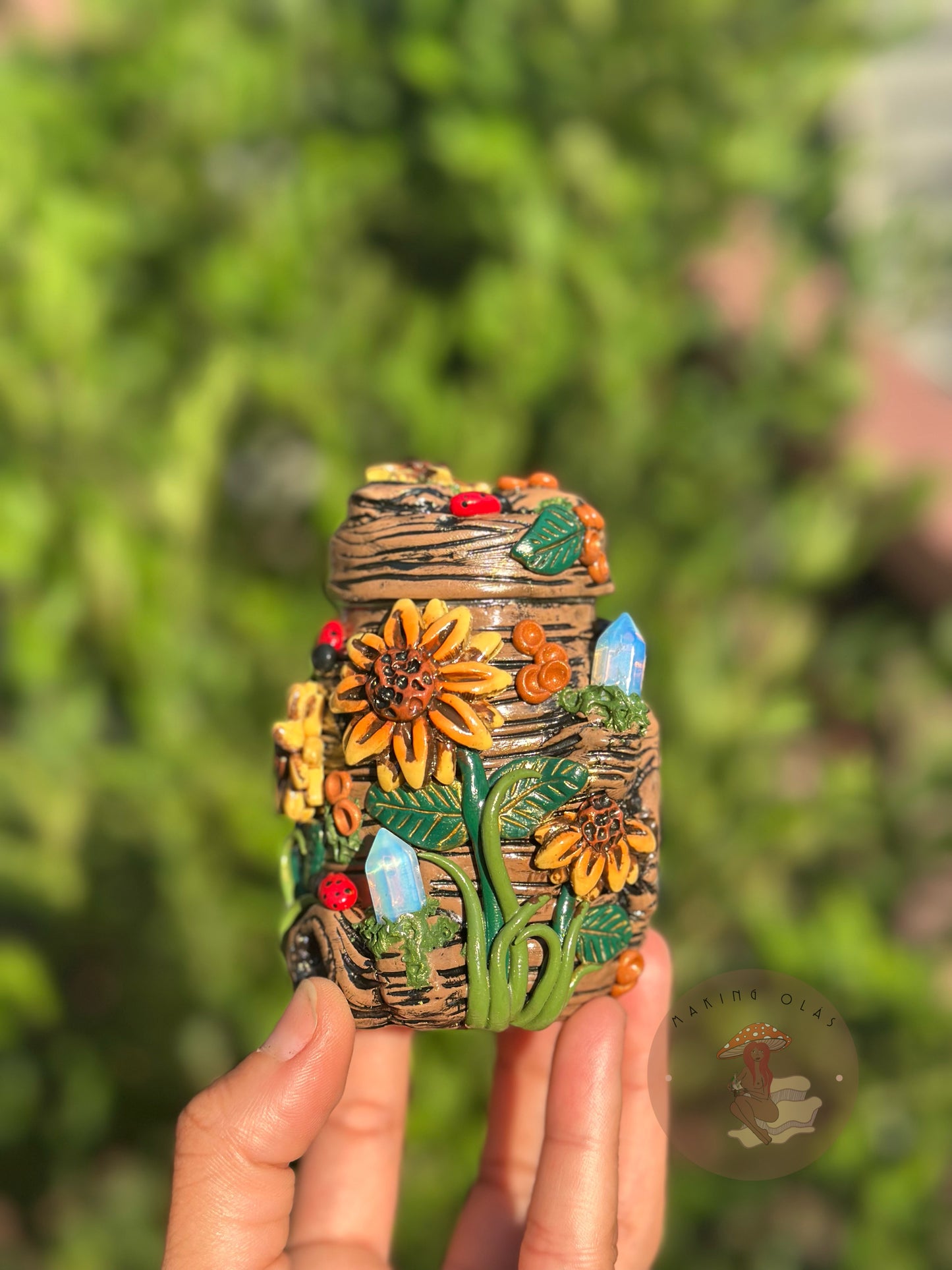 Jar+ Ashtray Set | Opalites and Ladybugs with Quartz Clusters + Sunflowers