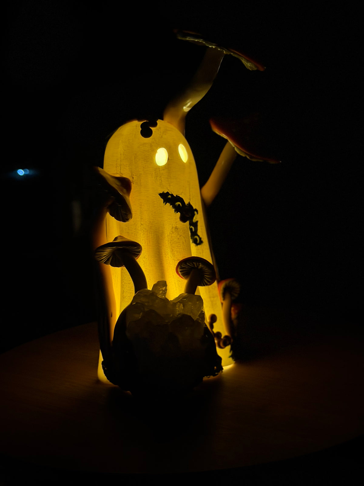 Ghost with Red|Orange Mushrooms and Quartz Cluster