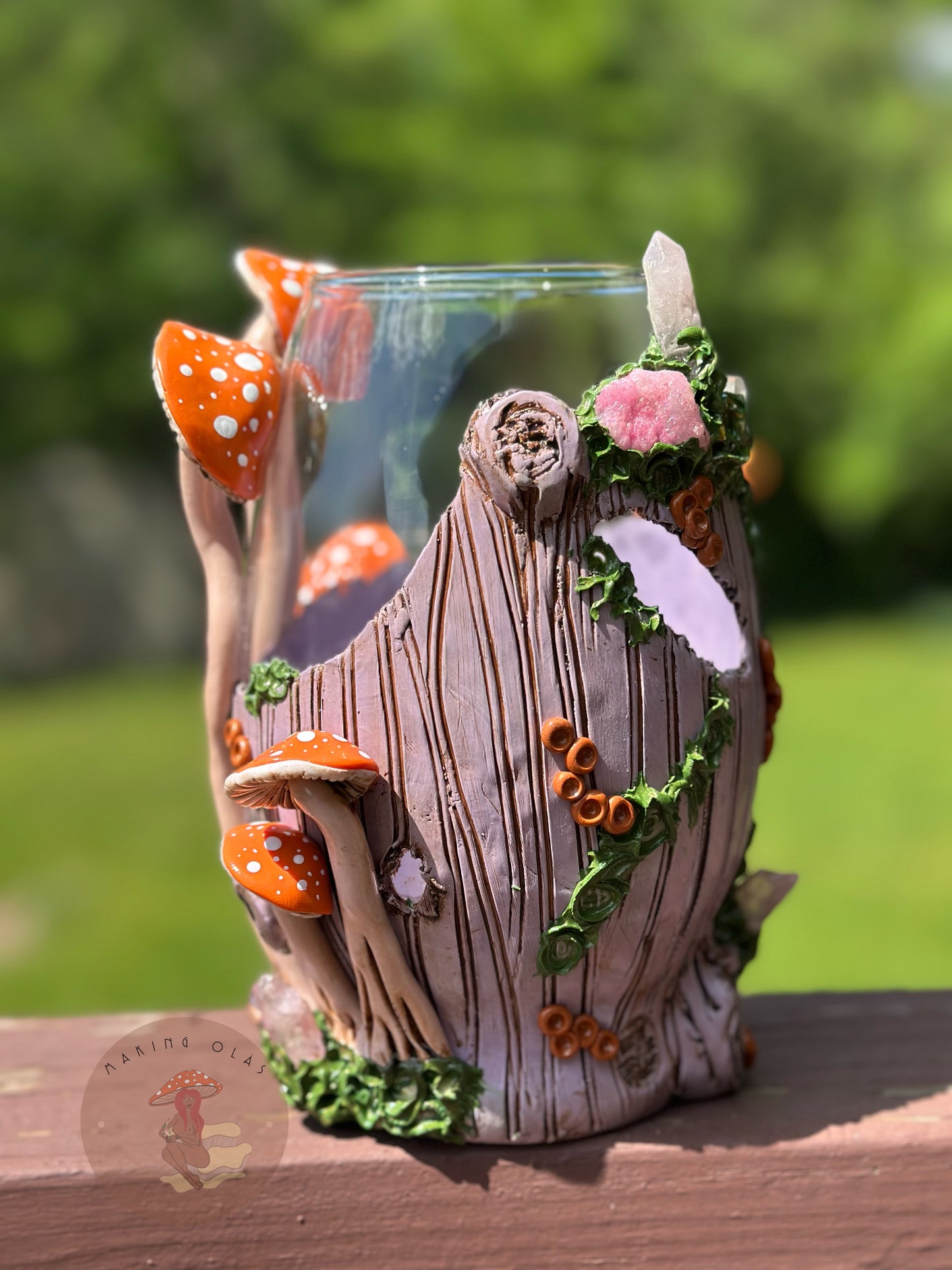Vase | Orange Mushrooms on Lilac Wood with Quartz and Clusters