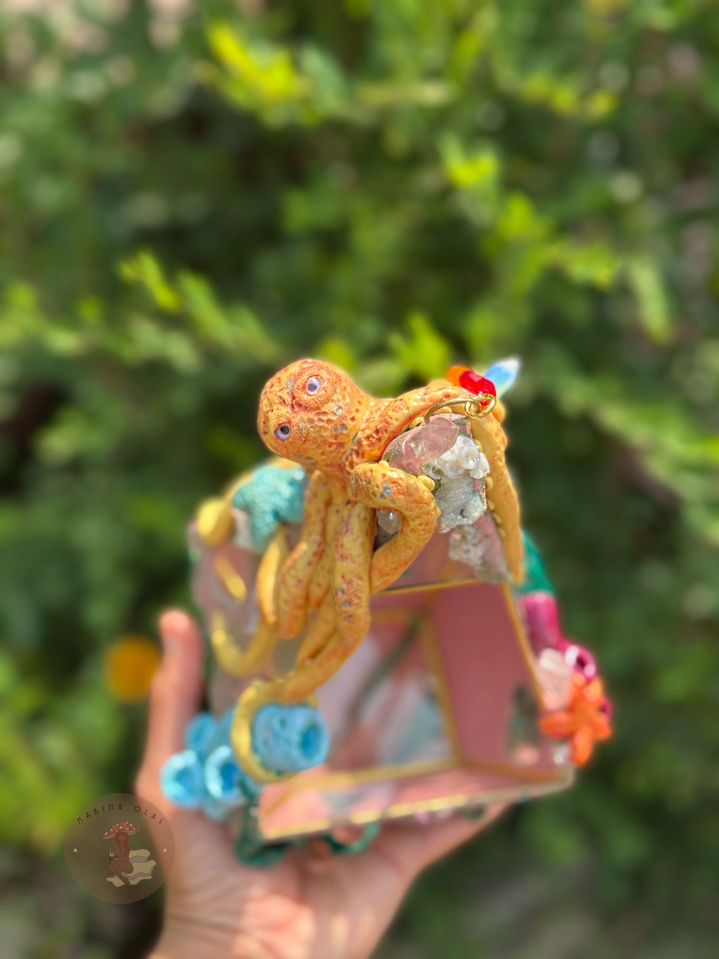 Hanging Terrarium | Yellow Octopus Ocean Floor with Quartz, Clusters and Opalite