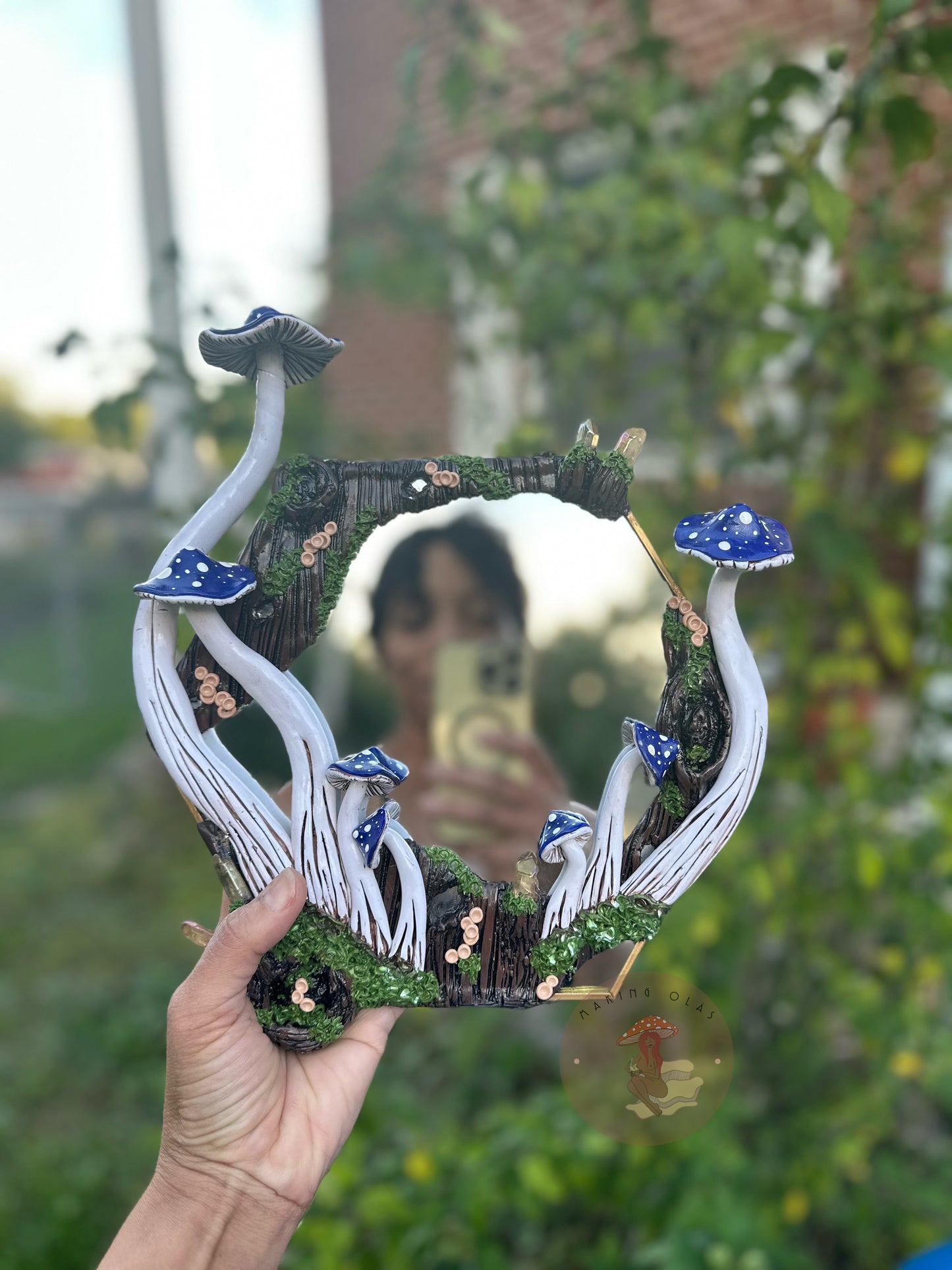 Hanging Mirror | Blue Mushrooms and Quartz