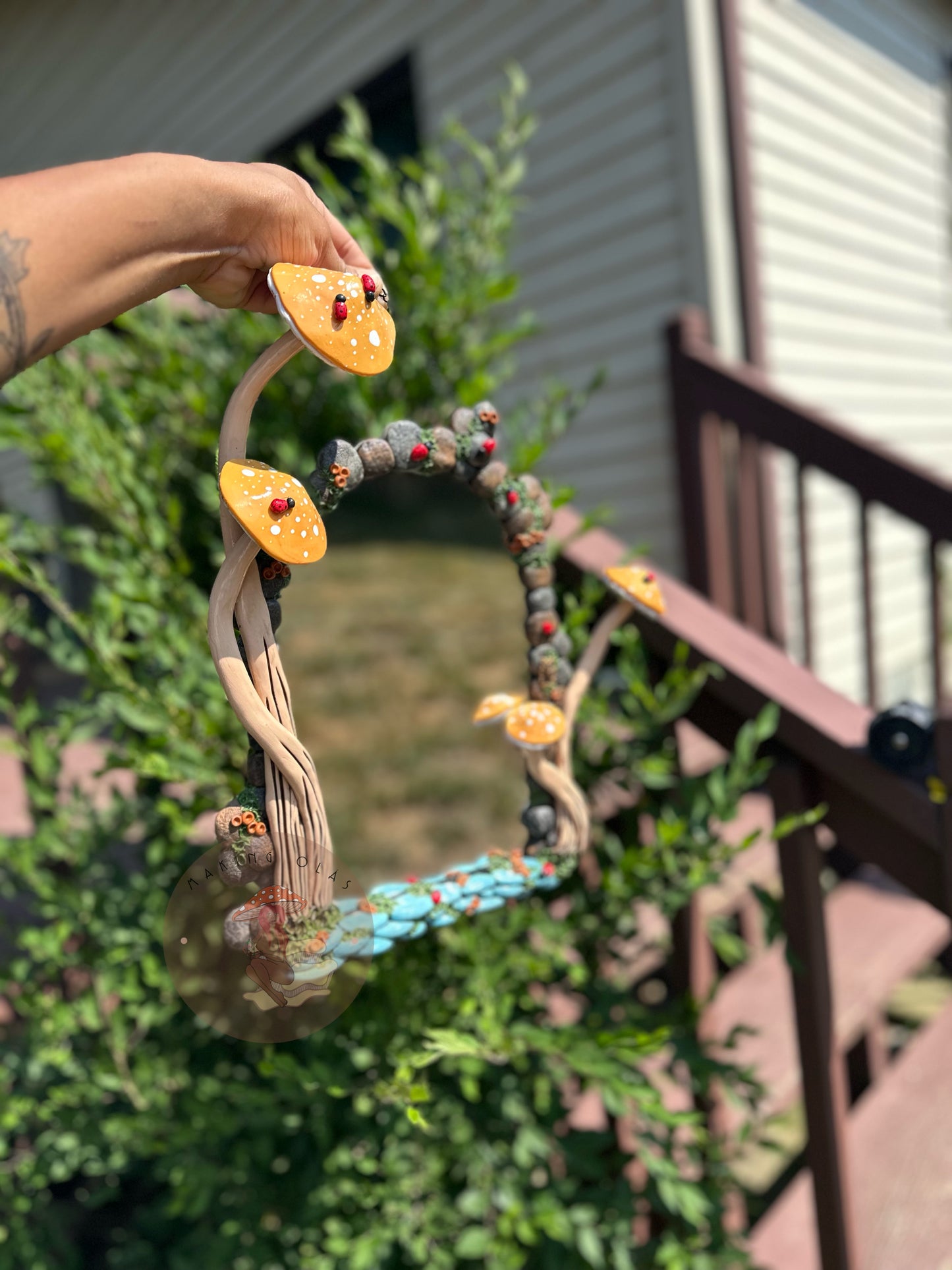 Door Hanging Mirror | Peach Mushrooms and Ladybug Garden Portal